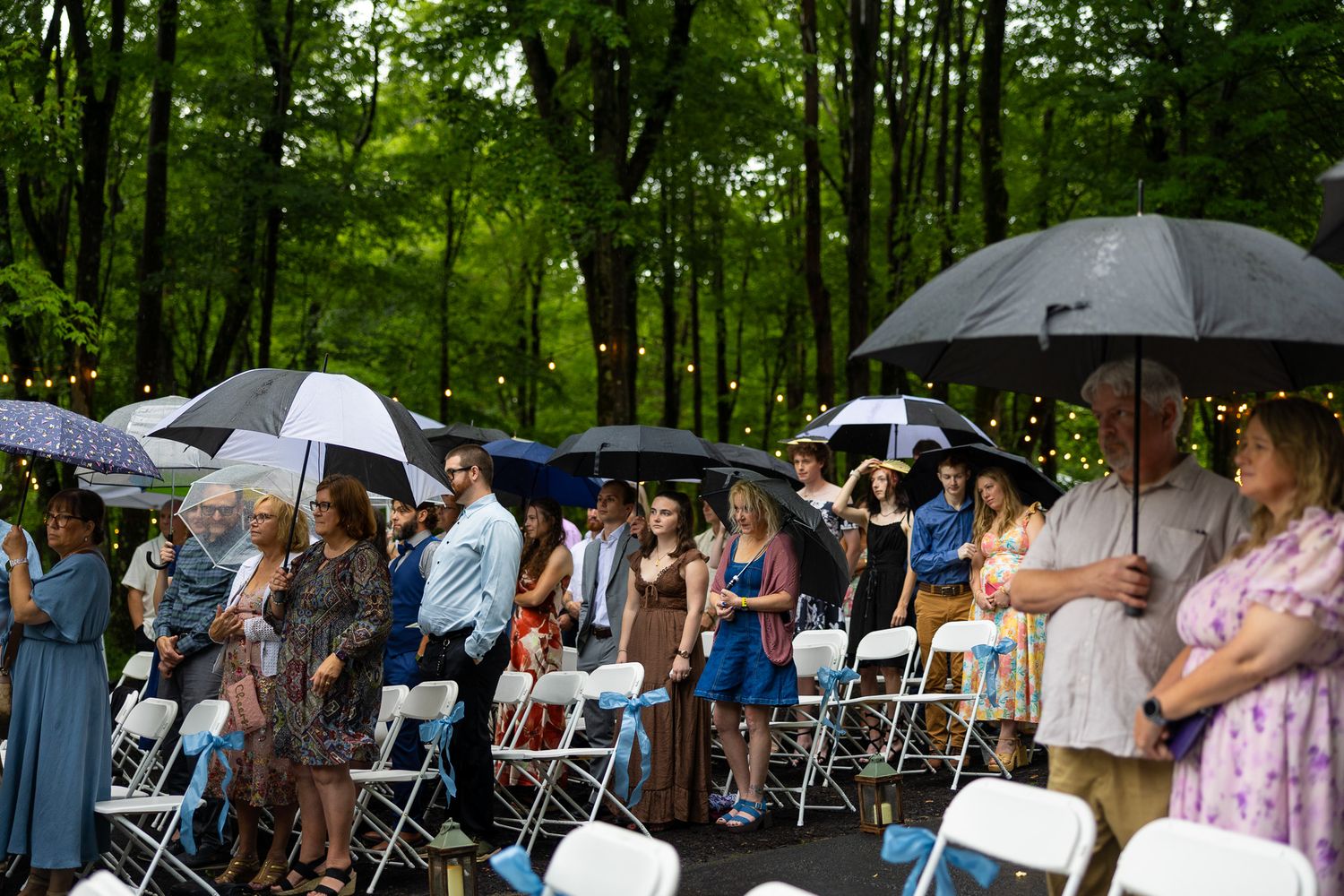 Wedding guests stand holding umbrellas during outdoor rainy forest ceremony with string lights.