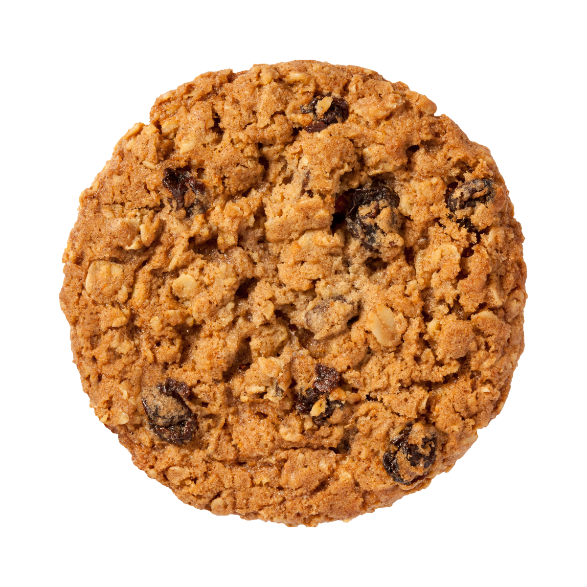 Classic round oatmeal raisin cookie with golden brown texture isolated on white background.