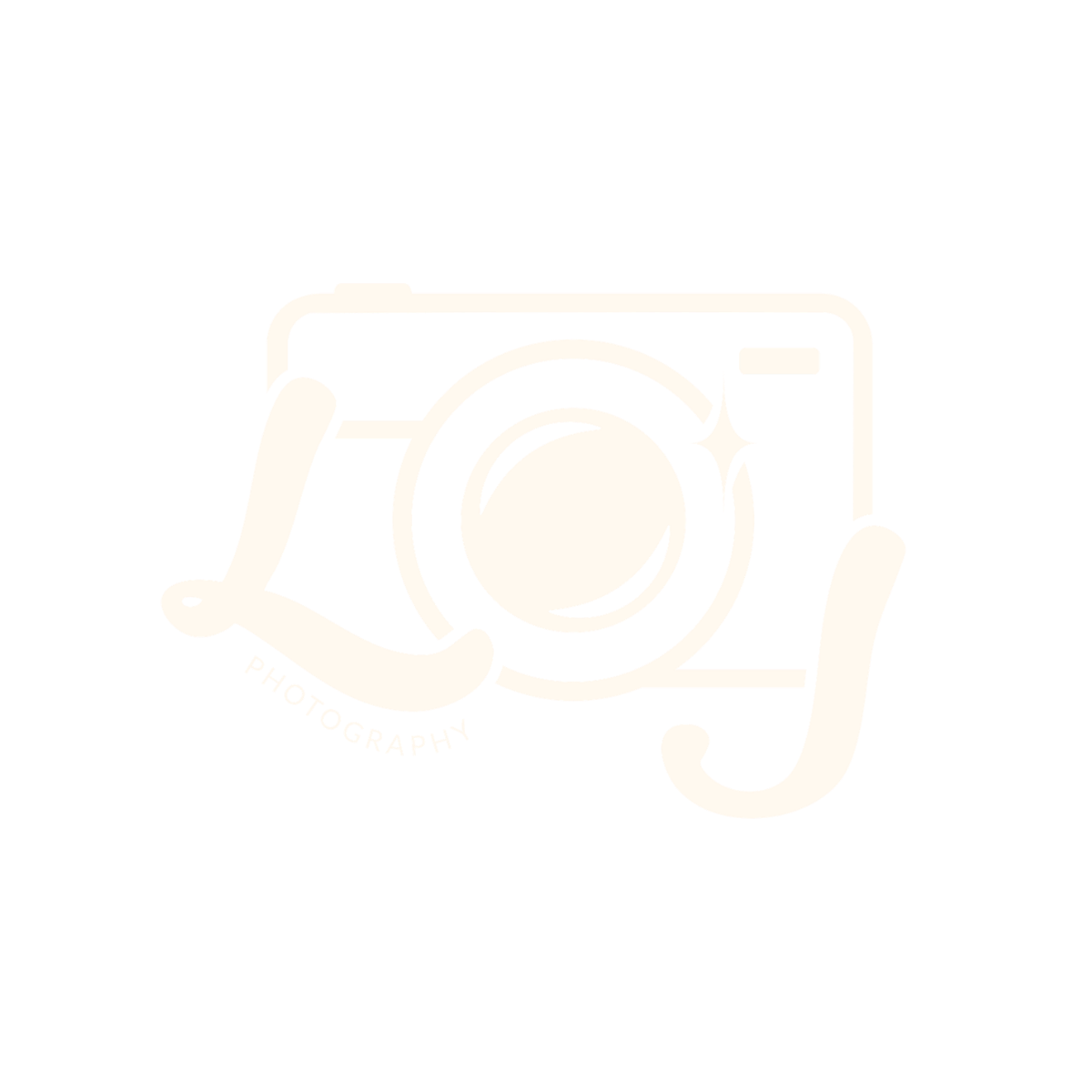 Faint cream colored photography camera logo icon on white background.