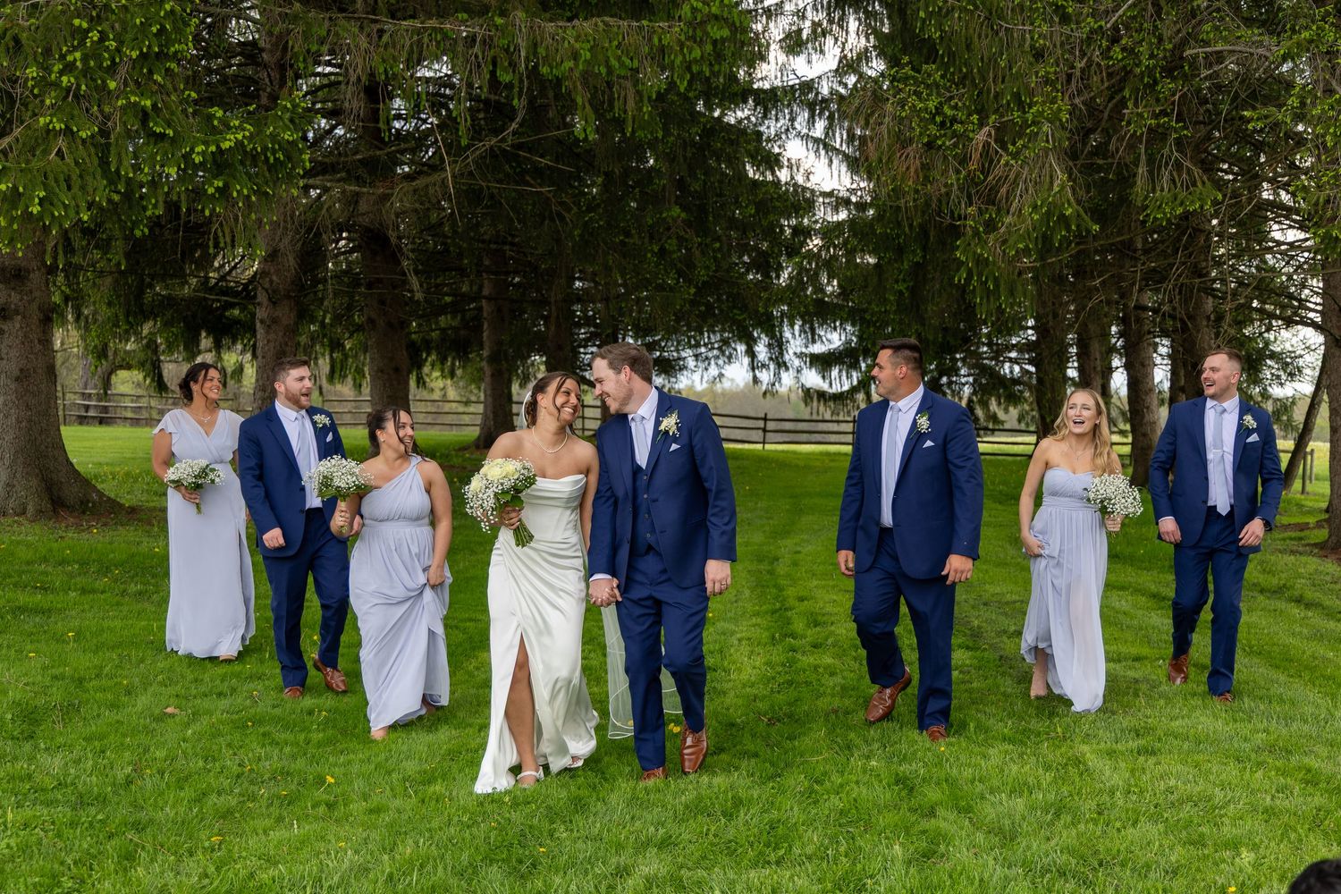 Wedding party walks on lush green lawn, bride and groom kissing, bridesmaids in gray dresses, groomsmen in navy suits.