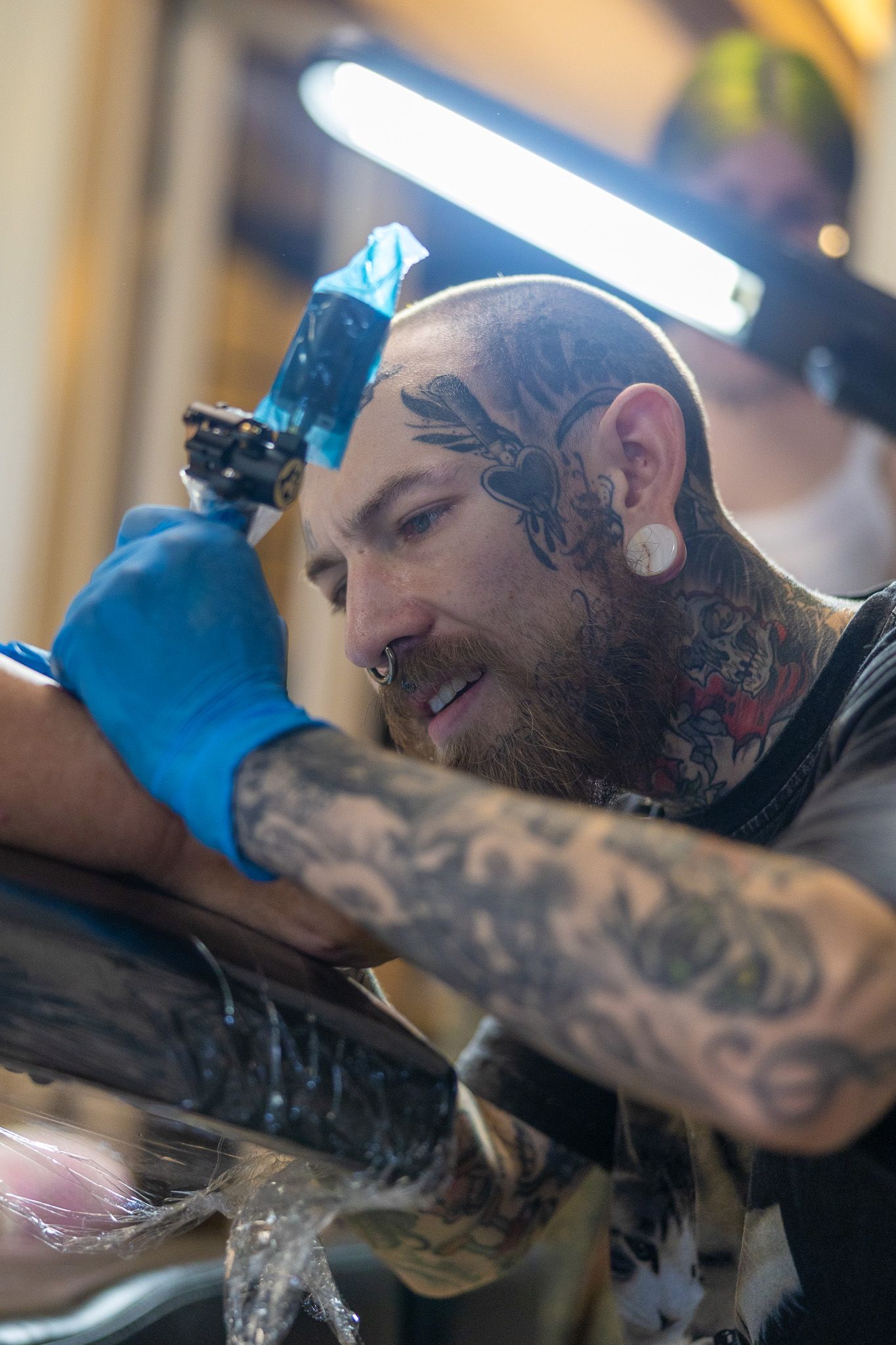 Heavily tattooed man with face tattoos and septum piercing applying a tattoo using blue gloves.
