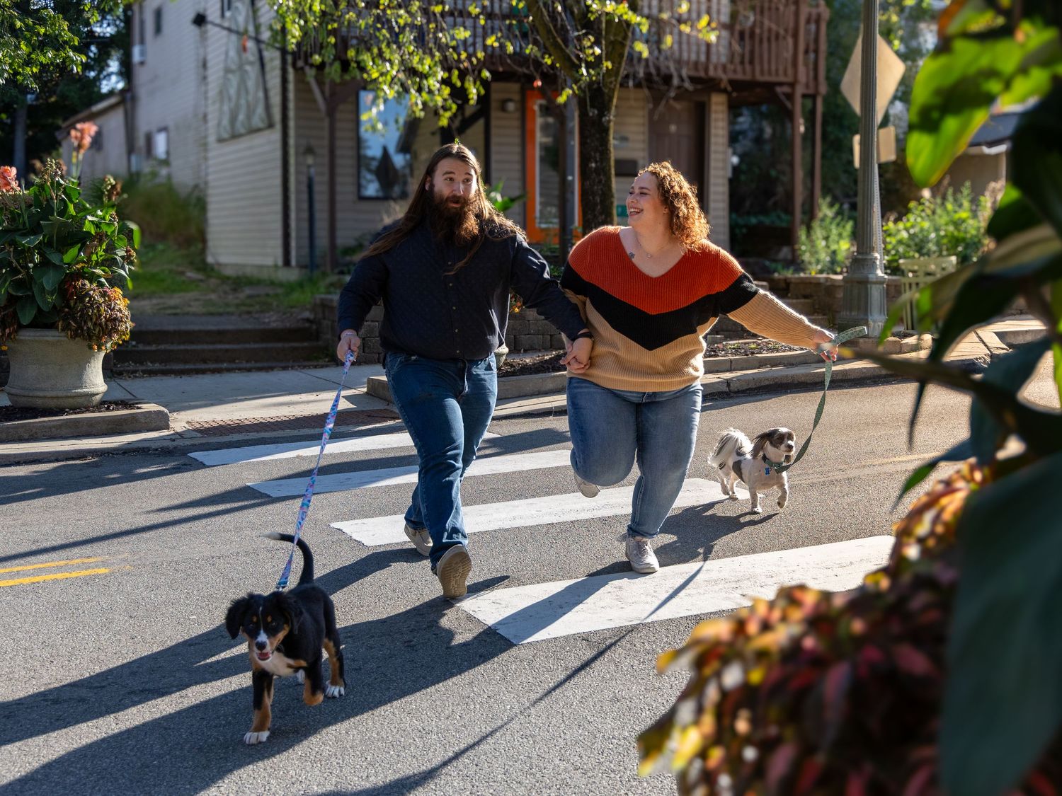 Two women joyfully run across a crosswalk while walking their dogs on a sunny day.