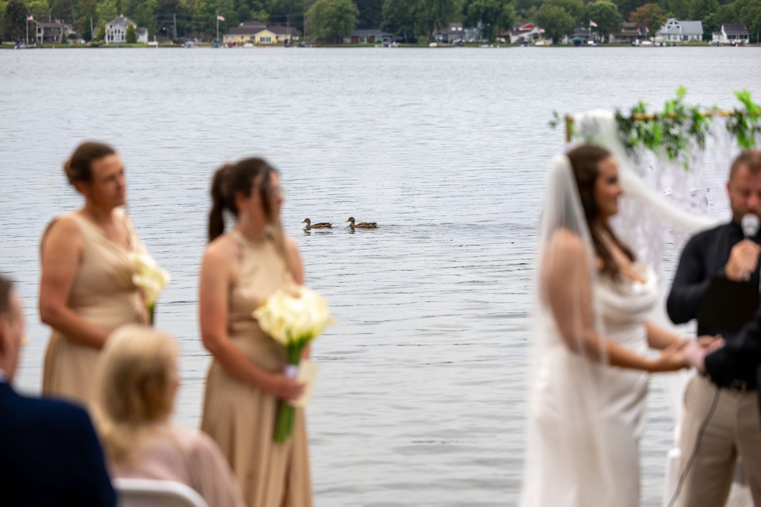 Outdoor lakeside wedding ceremony with bridesmaids in champagne dresses, bride in white gown, and ducks swimming in background.