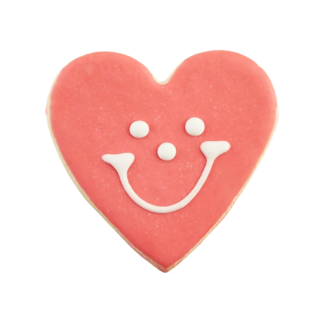 Pink heart-shaped sugar cookie with white smiley face icing on a white background.