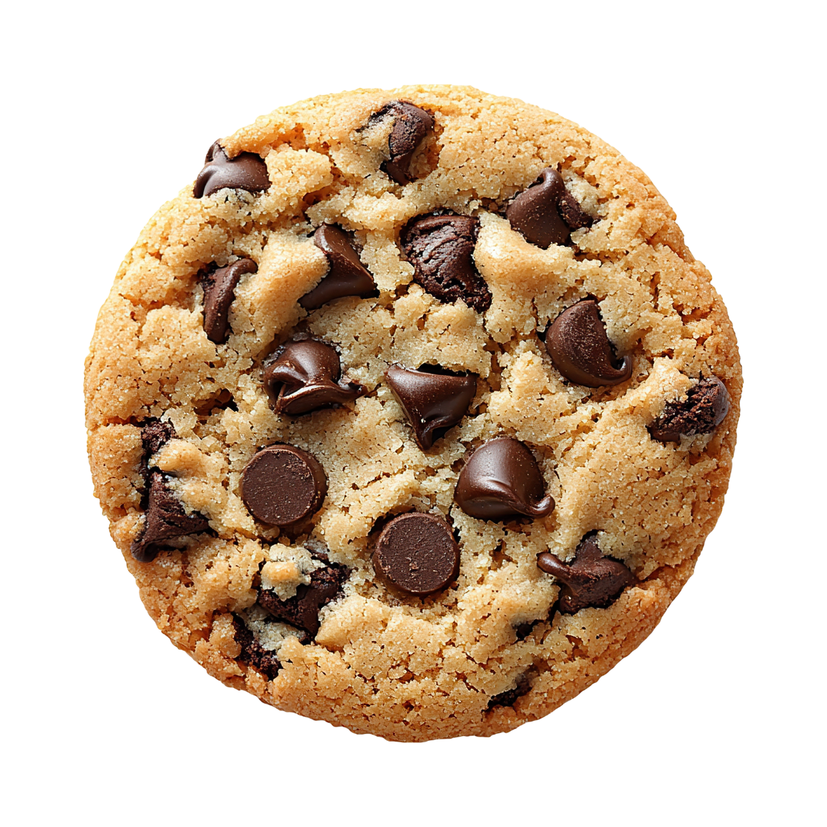 Classic homemade chocolate chip cookie with melted chocolate chips on a white background.