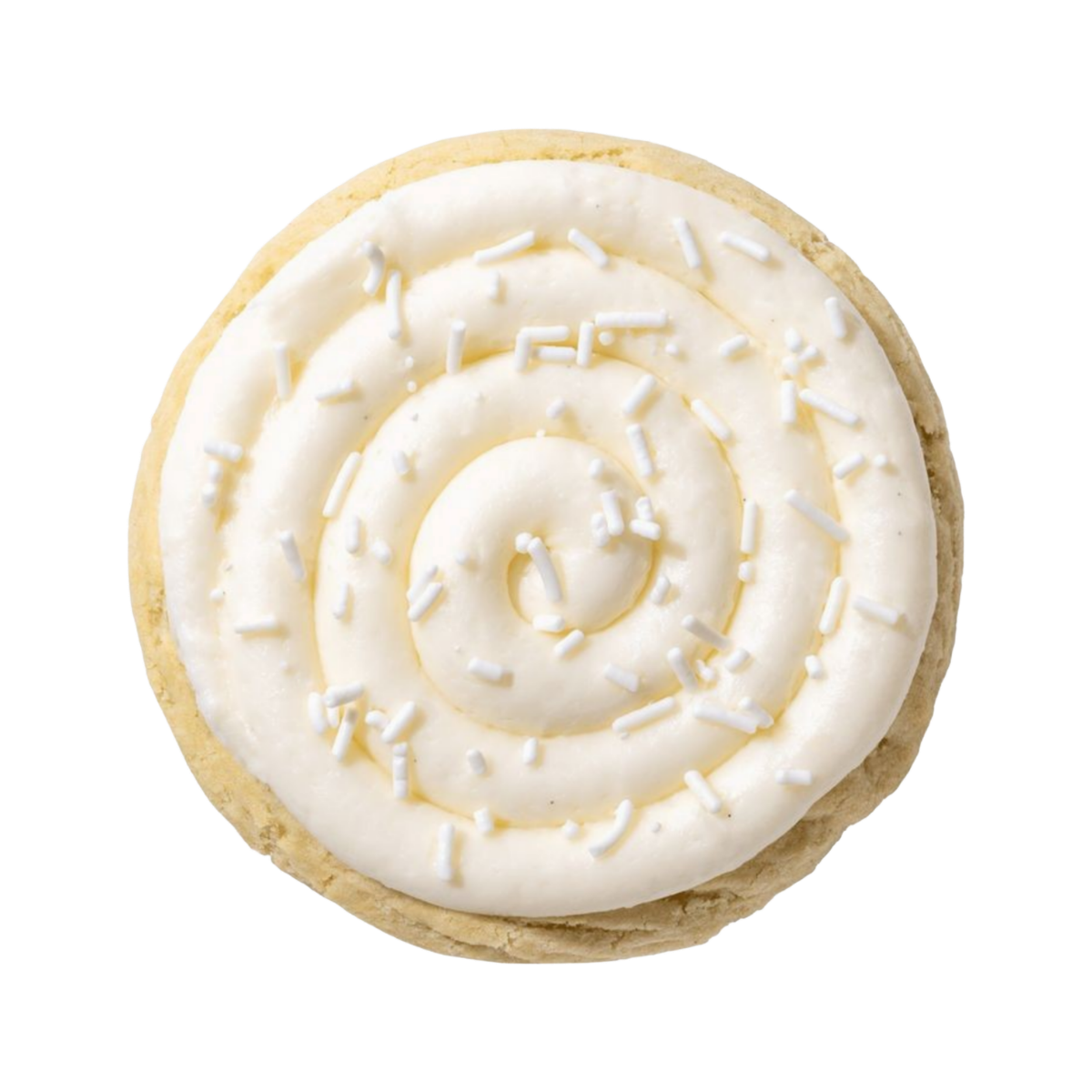 Round frosted sugar cookie with white swirl icing and sprinkles on a white background.
