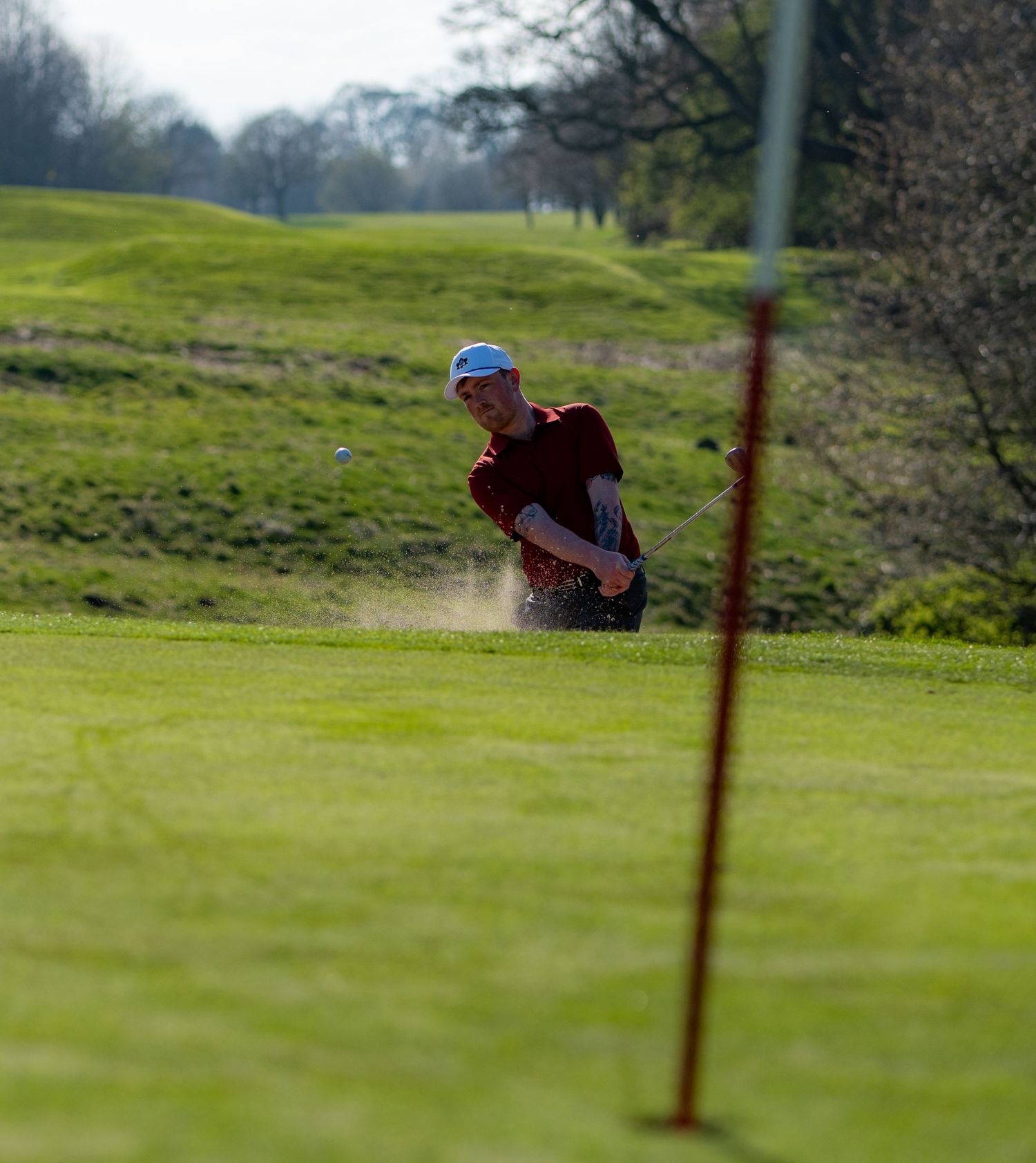 Golfer hitting bunker shot near flag on scenic sunlit golf course fairway.