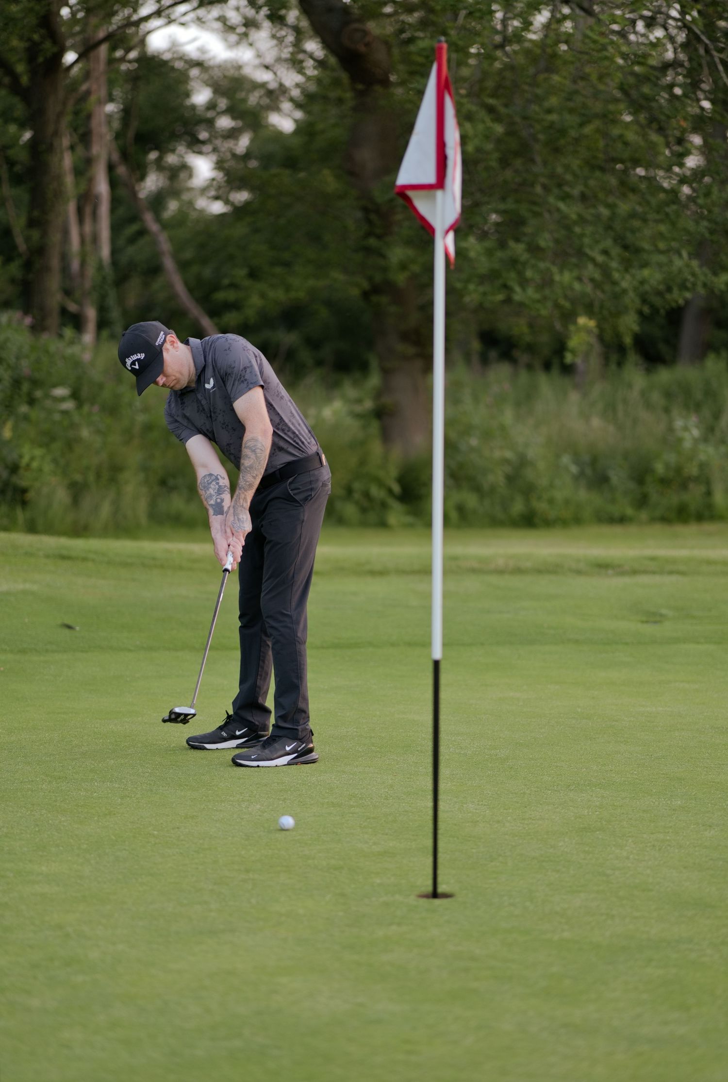 A tattooed golfer carefully putts a golf ball toward the hole near a red and white flag pin.