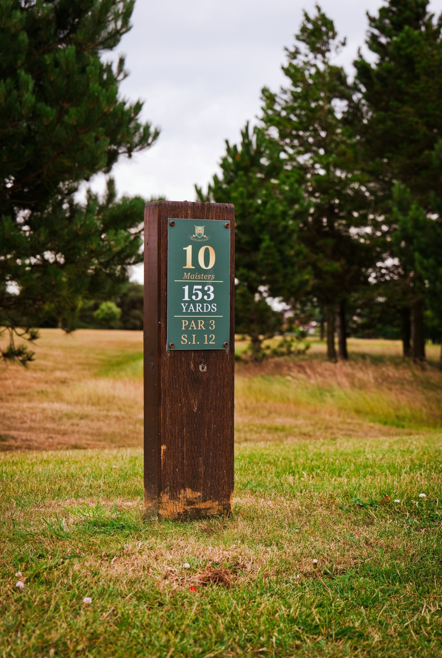 Golf course hole 10 marker sign showing 153 yards, Par 3, S.I. 12, surrounded by green trees and grass.