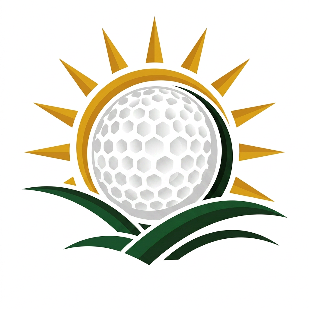 Golf ball logo with golden sun rays and green grass, perfect for golf club or course branding.