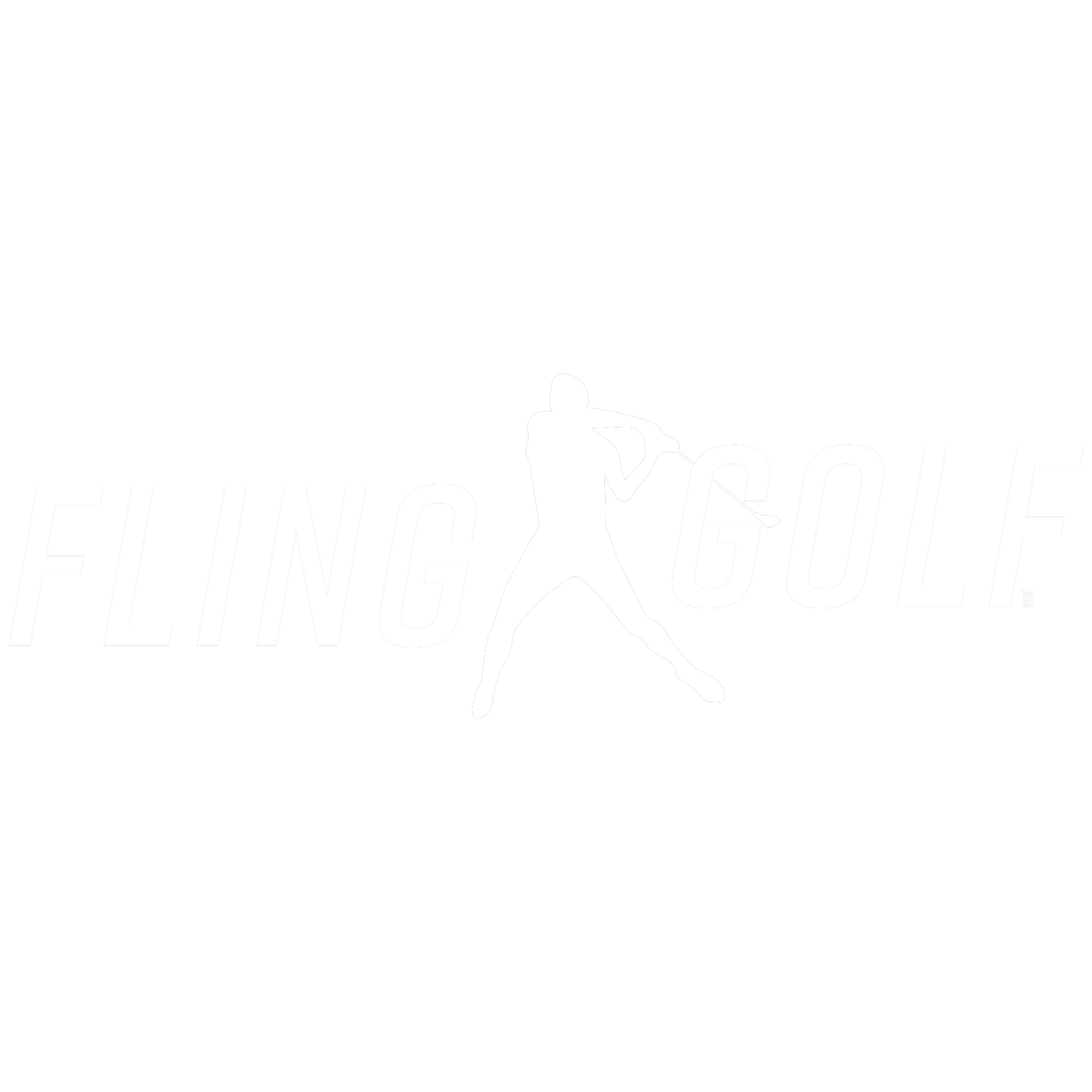 Minimalist white FlingGolf logo design on a clean white background with subtle lettering.