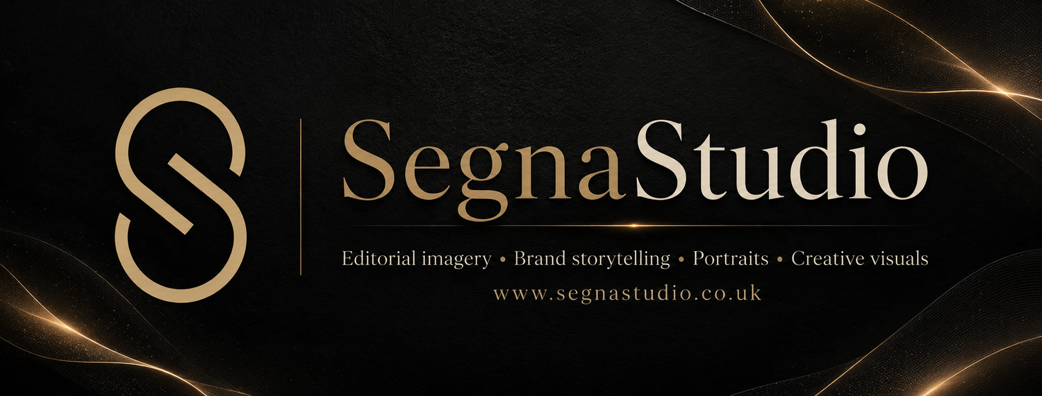 Segna Studio logo banner featuring gold elegant design on black background for editorial imagery and brand storytelling.