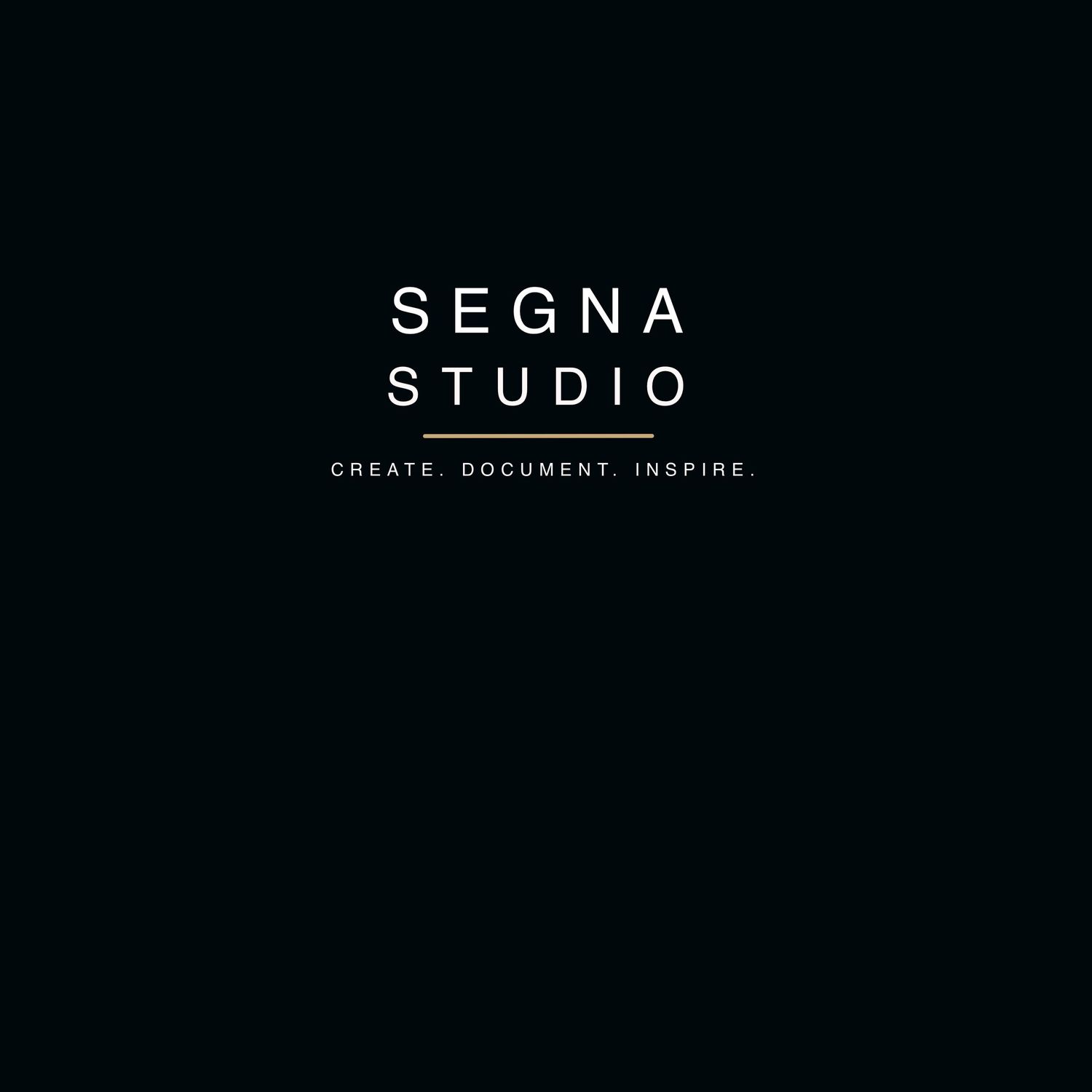 Segna Studio logo with tagline Create Document Inspire on black background.