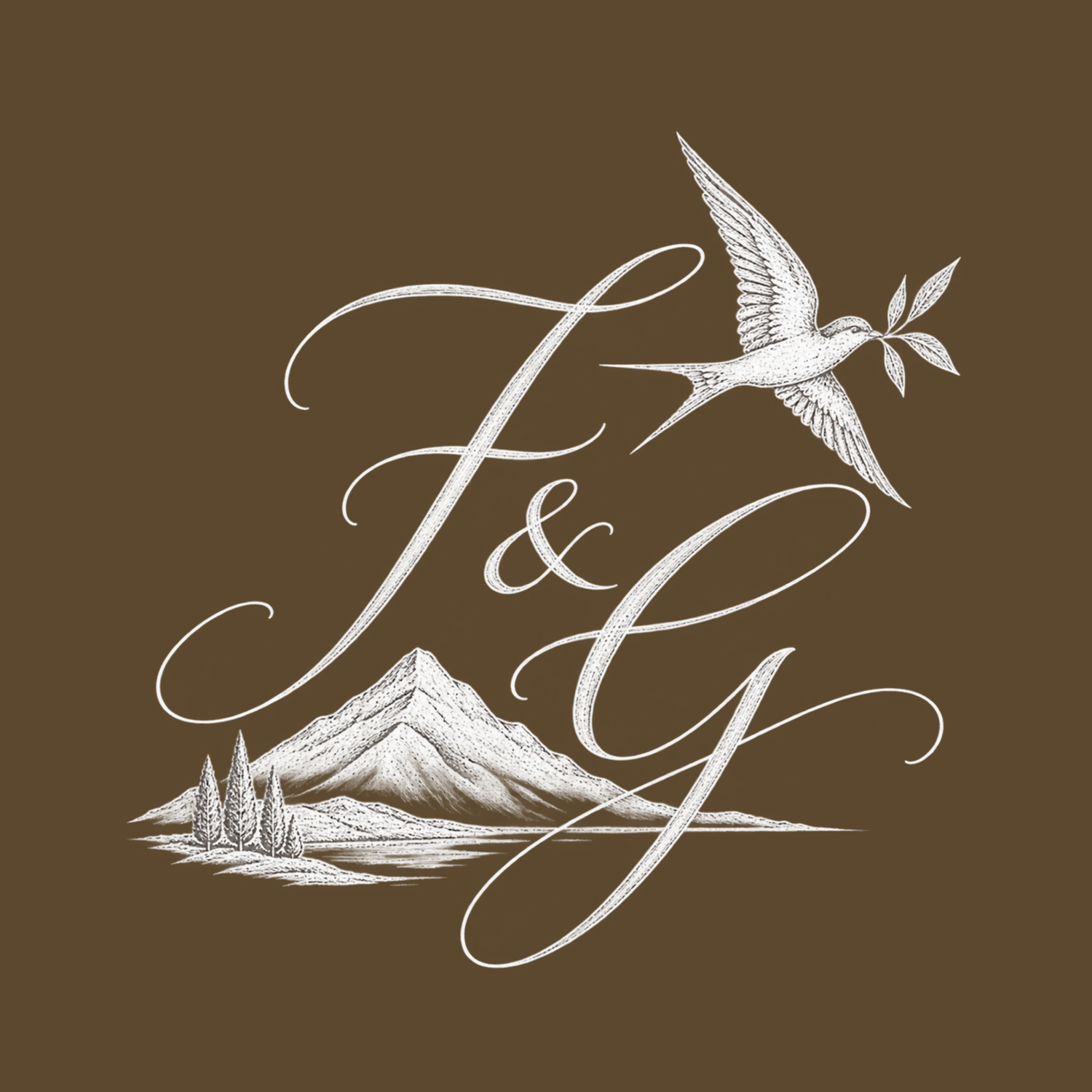 Elegant wedding monogram logo with F&G initials, a swallow bird, olive branch, and mountain landscape in white on brown.