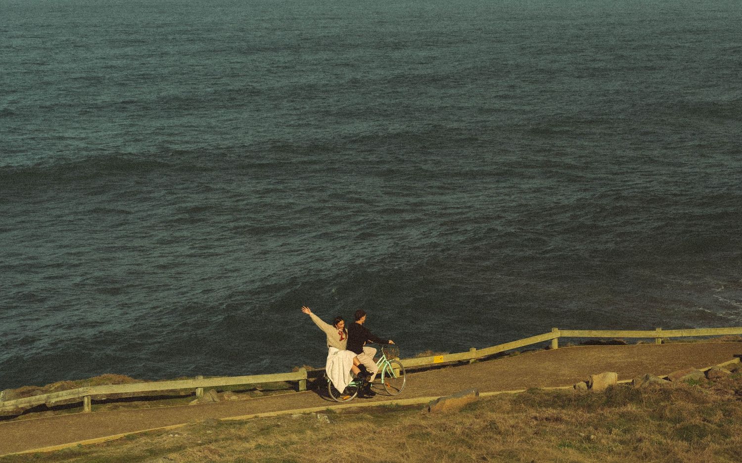 Romantic couple seated on wooden fence overlooking serene ocean coastline.