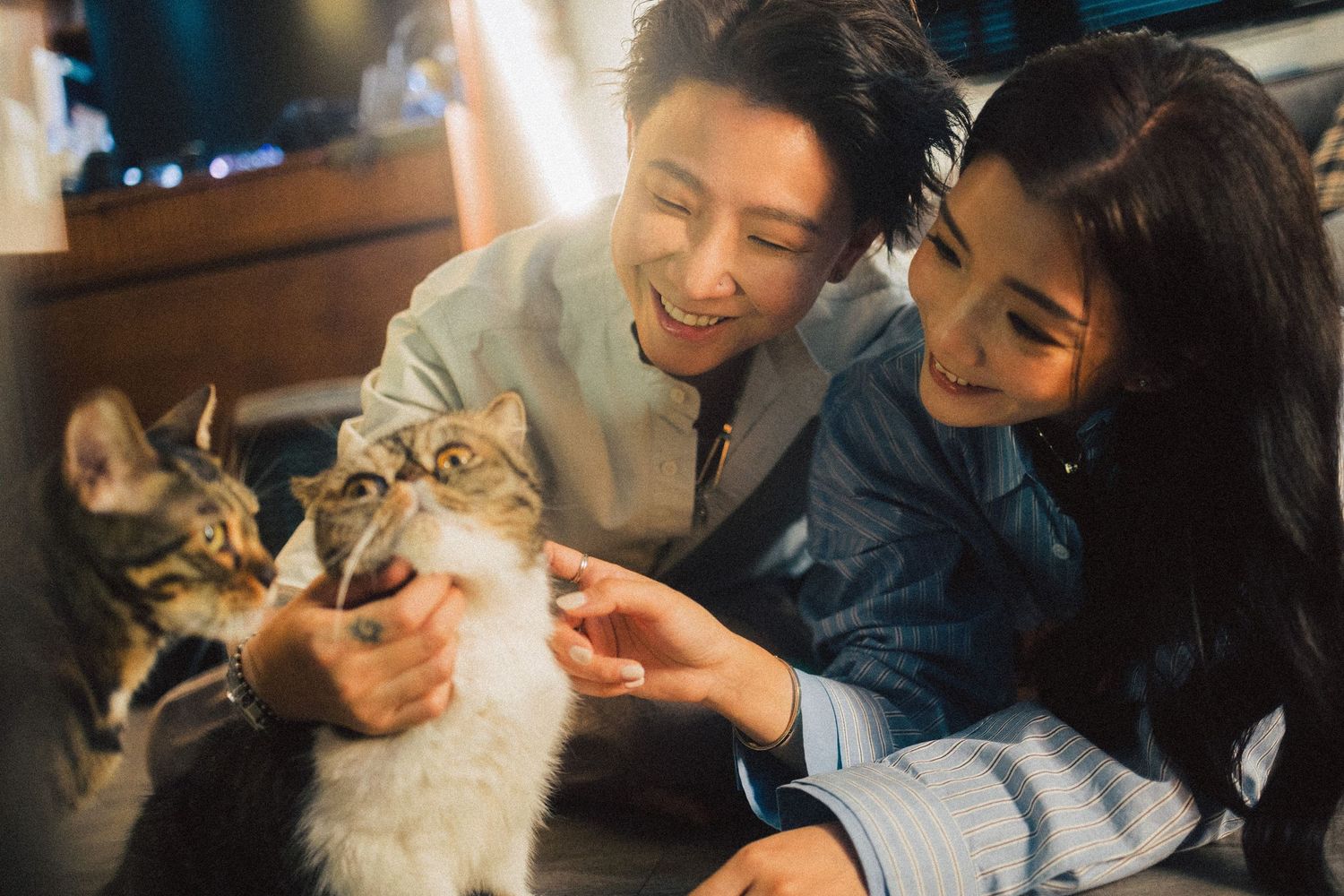 Young Asian couple smiling and petting two cats together in a warmly lit home setting.