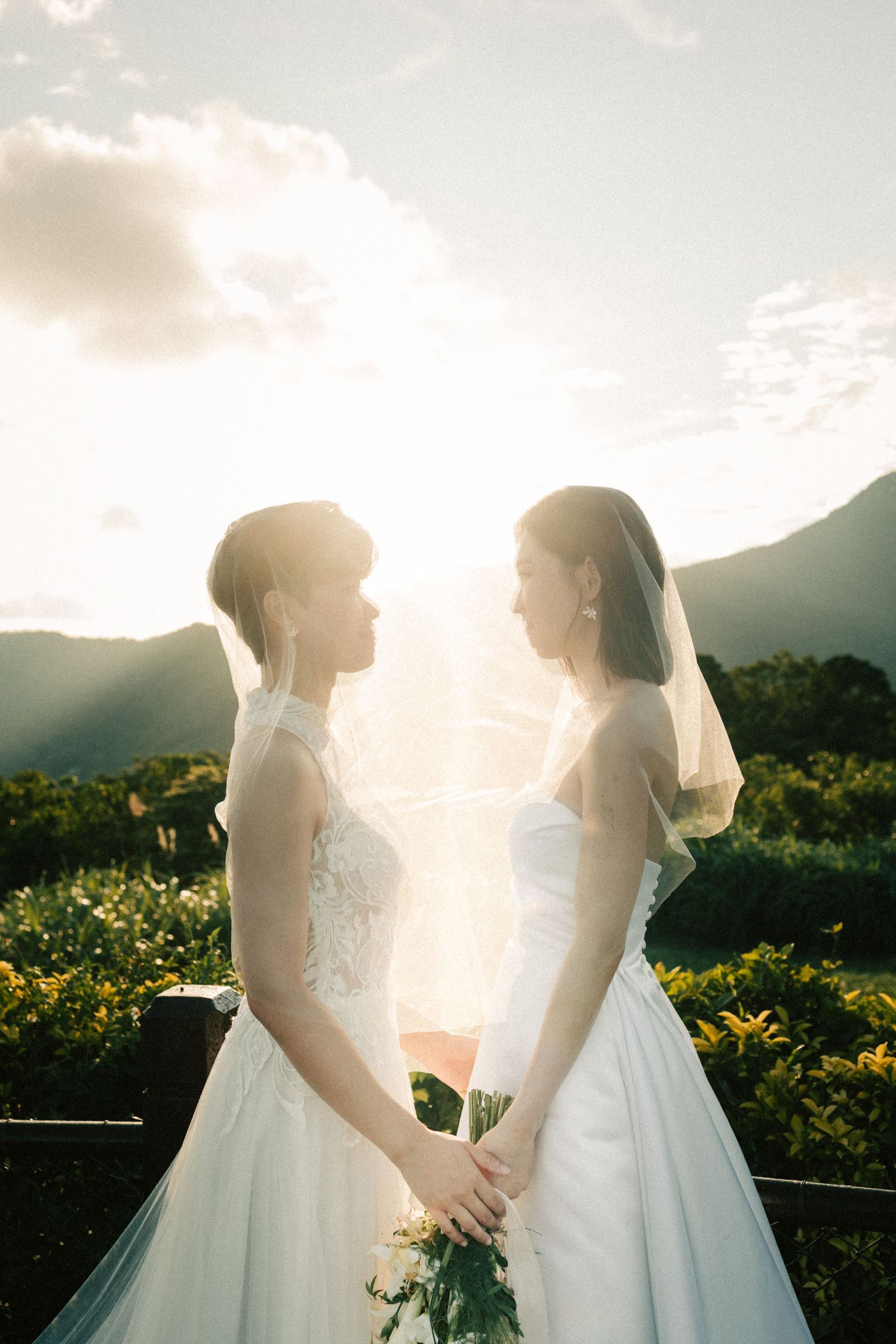 Two brides in white veiled gowns hold hands facing each other with mountain backdrop.