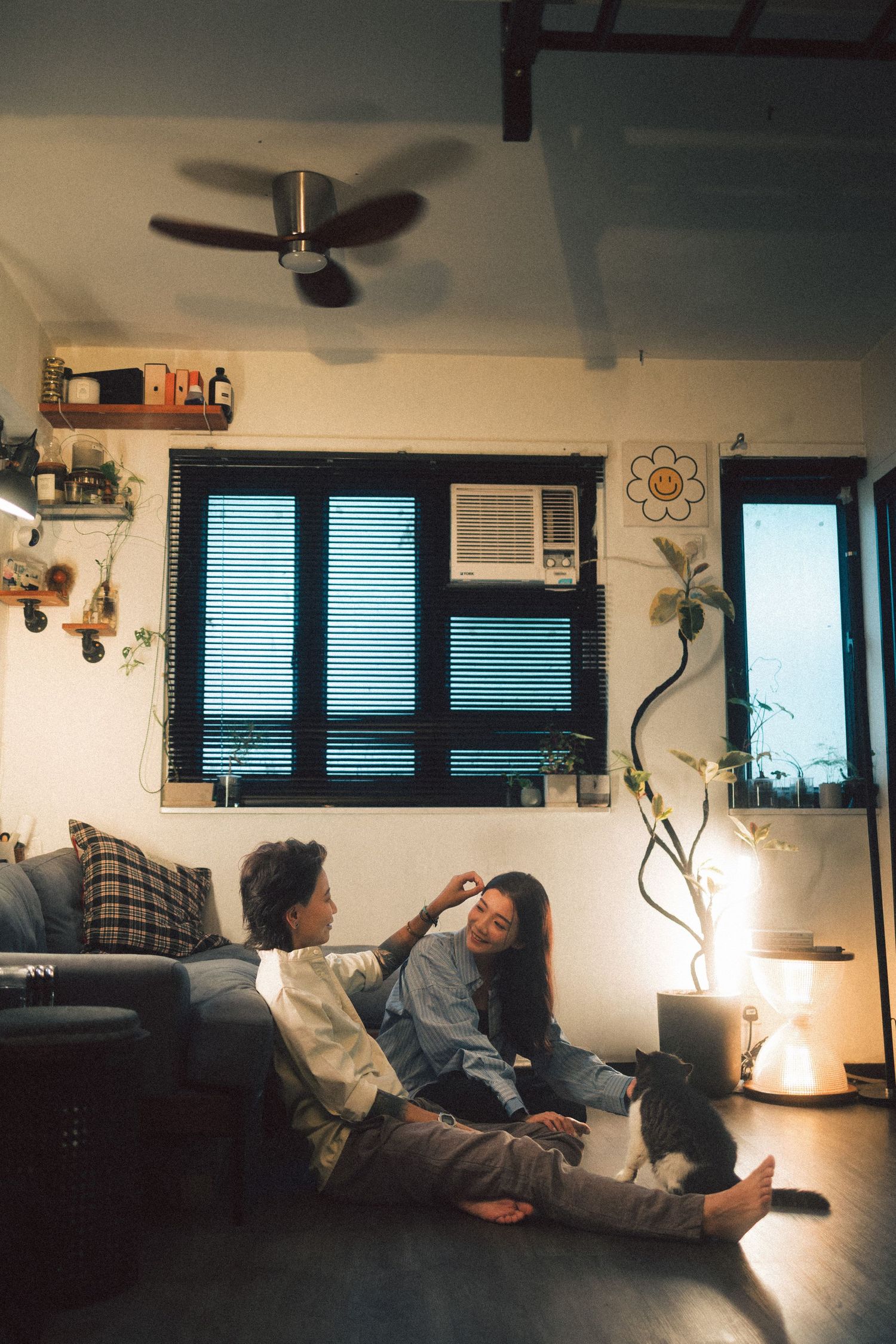 Couple sitting on floor of cozy apartment with cat, woman touching mans face near glowing lamp.