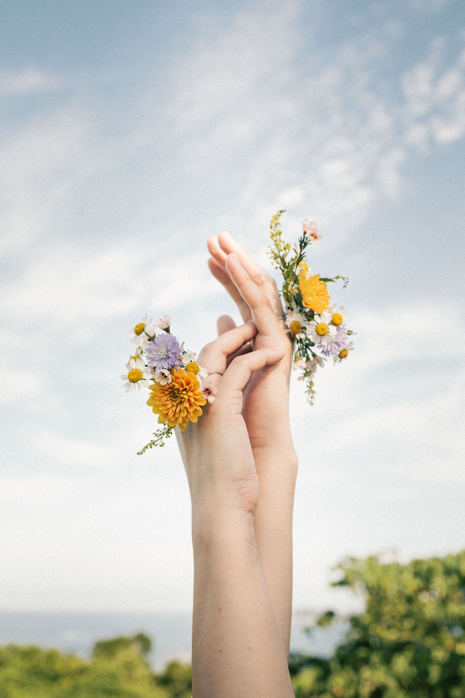 Two hands raised against a blue sky, adorned with vibrant wildflowers including yellow dahlias and white daisies.