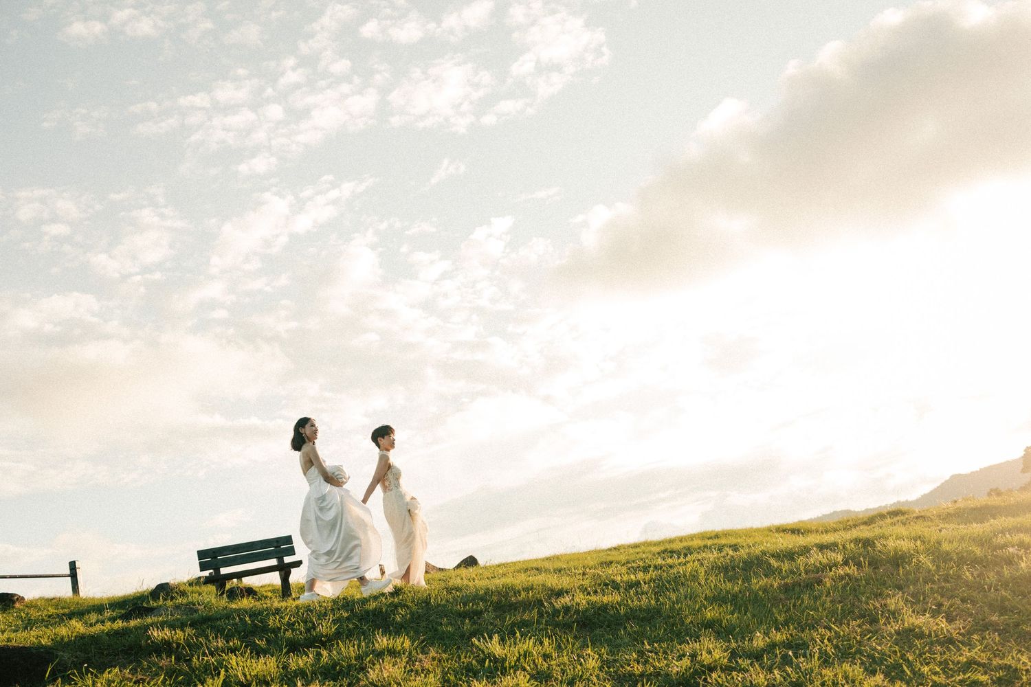 Two brides in white wedding dresses walk hand in hand across a sunny green hillside.