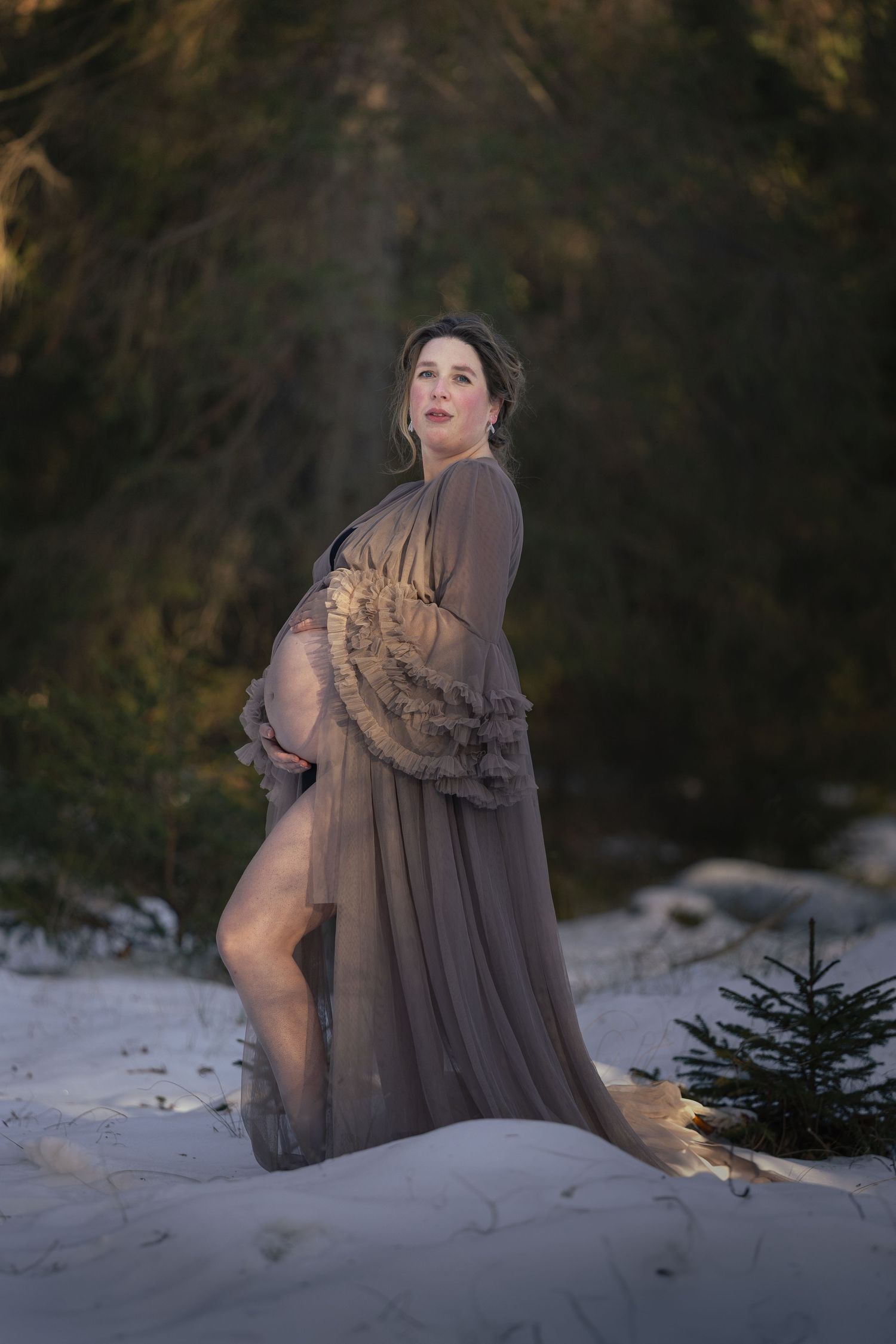 Pregnant woman in sheer taupe maternity gown standing gracefully in a snowy forest at dusk.