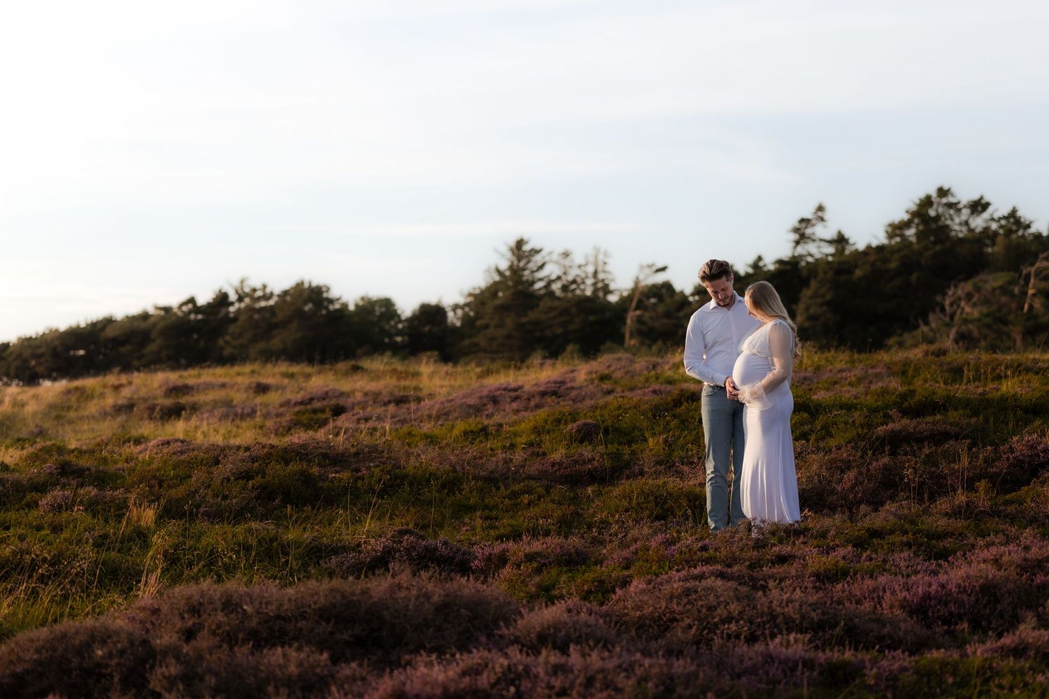 Couple standing together in a purple heather field at golden hour with trees and sky in the background.