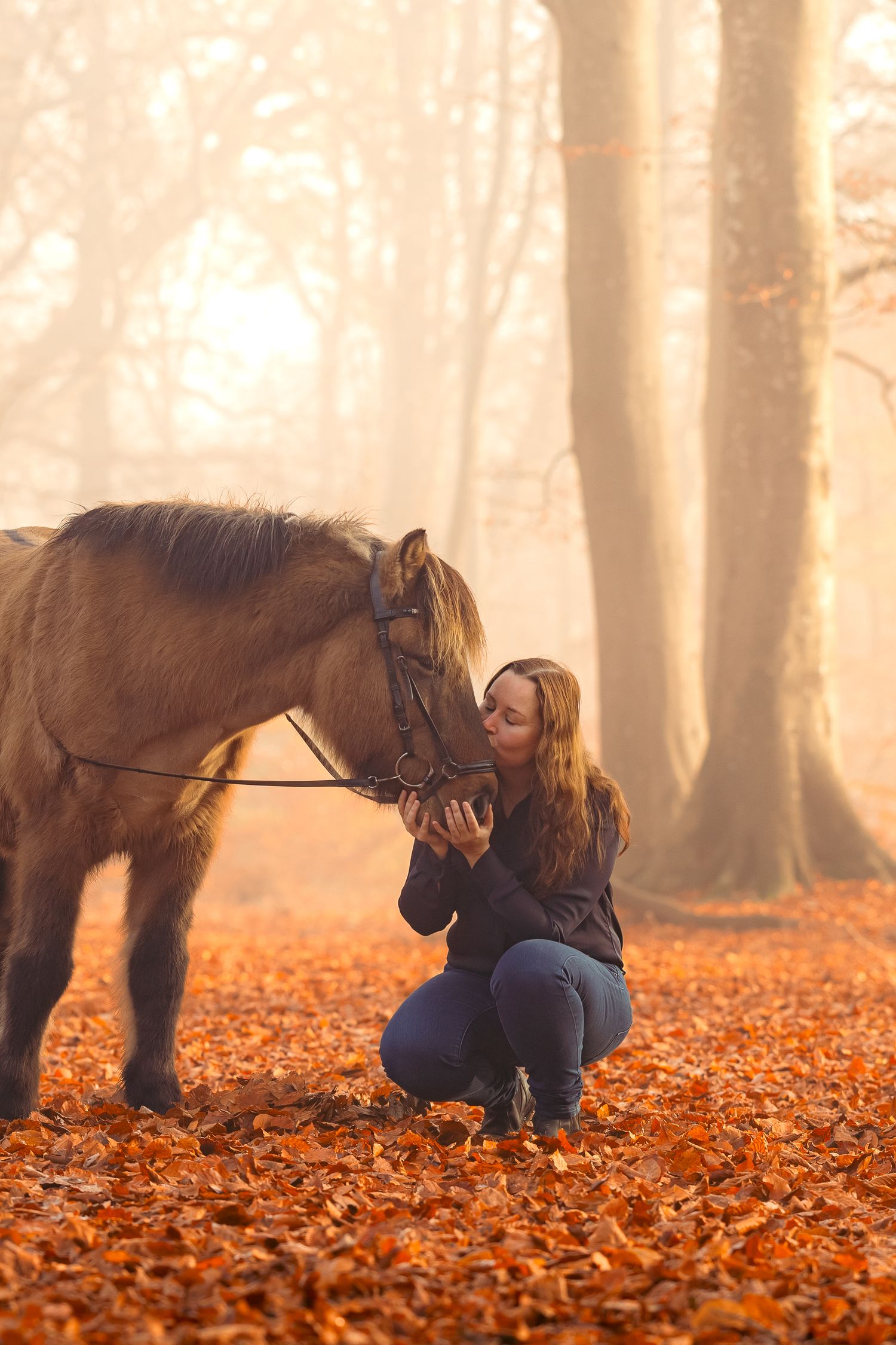 Woman kissing brown pony in misty fall forest surrounded by vibrant orange fallen leaves.