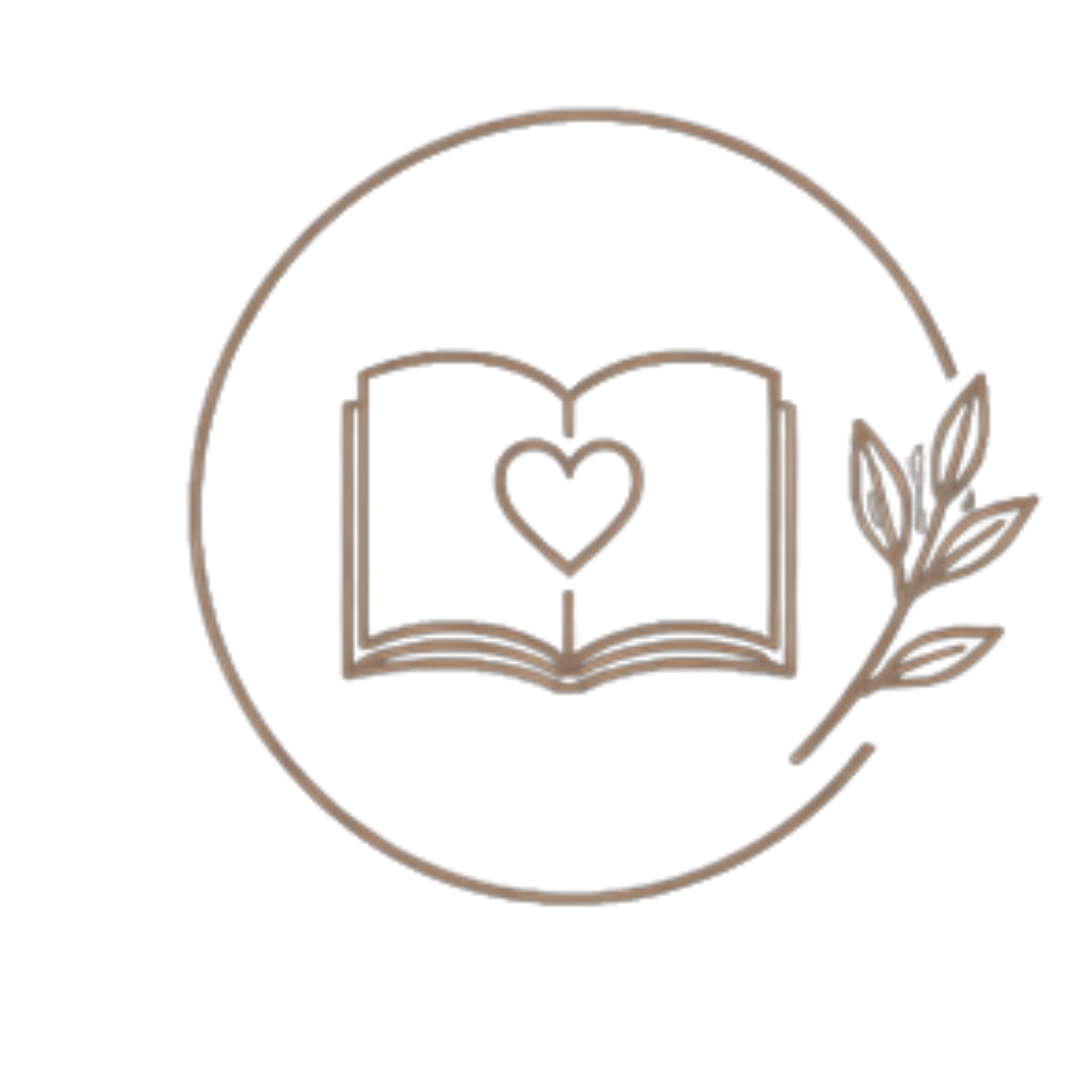 Minimalist logo with an open book featuring a heart, encircled by a thin ring and a delicate botanical branch.