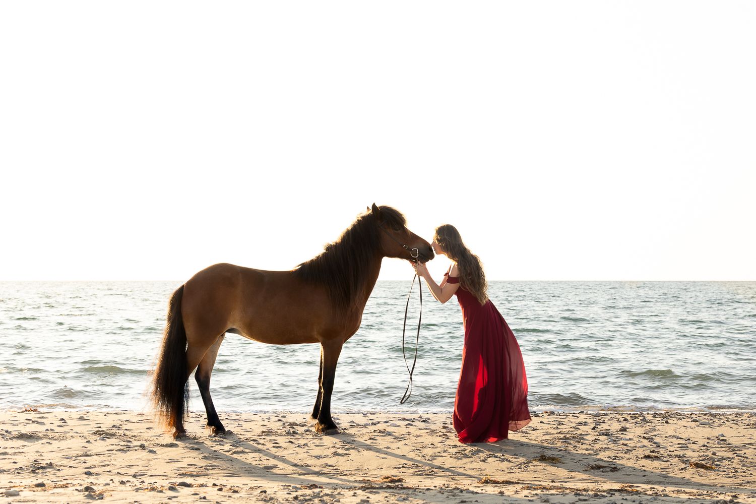 Woman in red dress kissing a brown horse on a sandy beach at sunset.