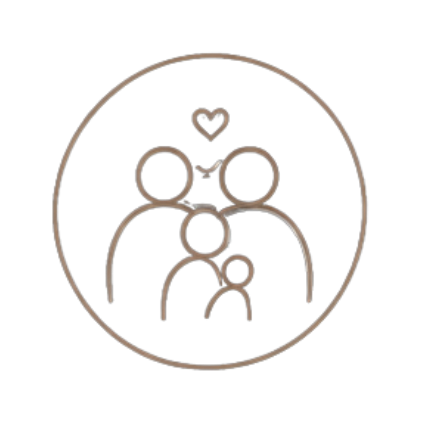 Line art icon of a family with two adults and a child inside a circle, with a heart symbol above them.