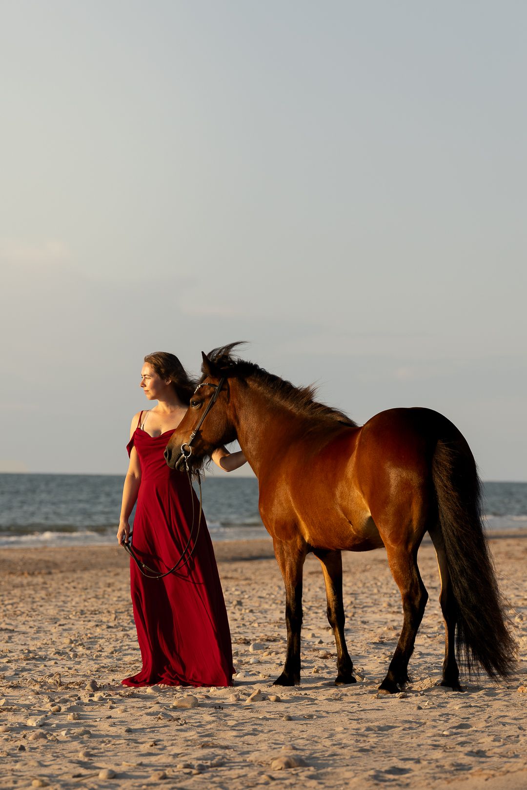 Elegant woman in red gown standing beside brown horse on sandy beach at dusk.