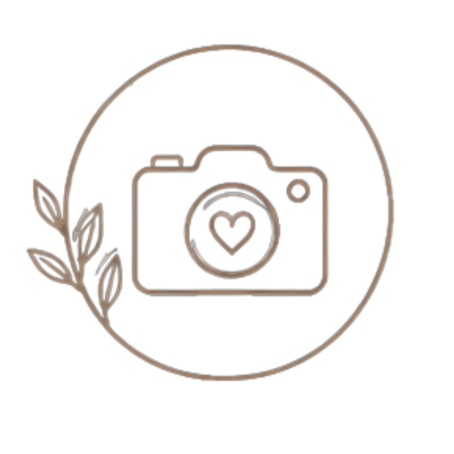 A minimalist line-art camera icon with a heart lens, framed by a delicate botanical branch inside a circle.