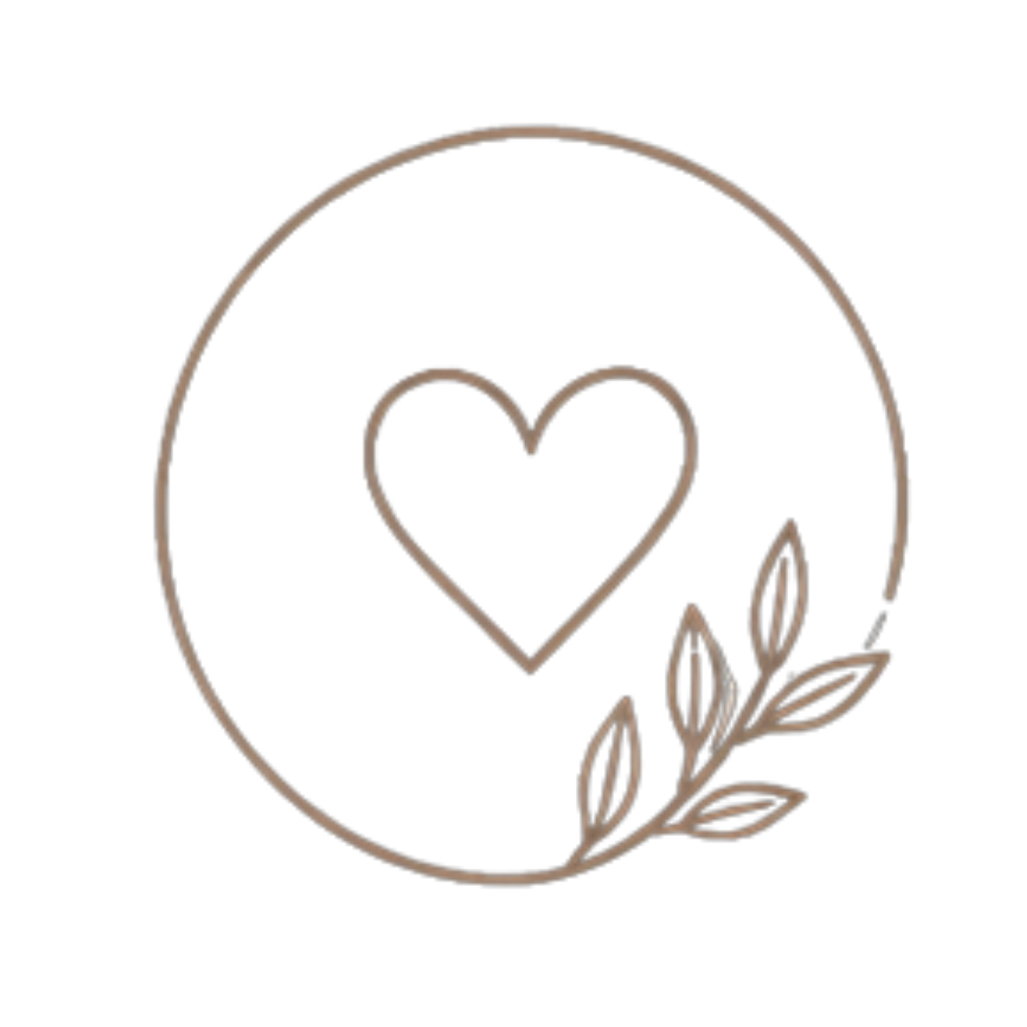Minimalist line art circle logo with a heart and botanical leaf branch in warm beige tones.