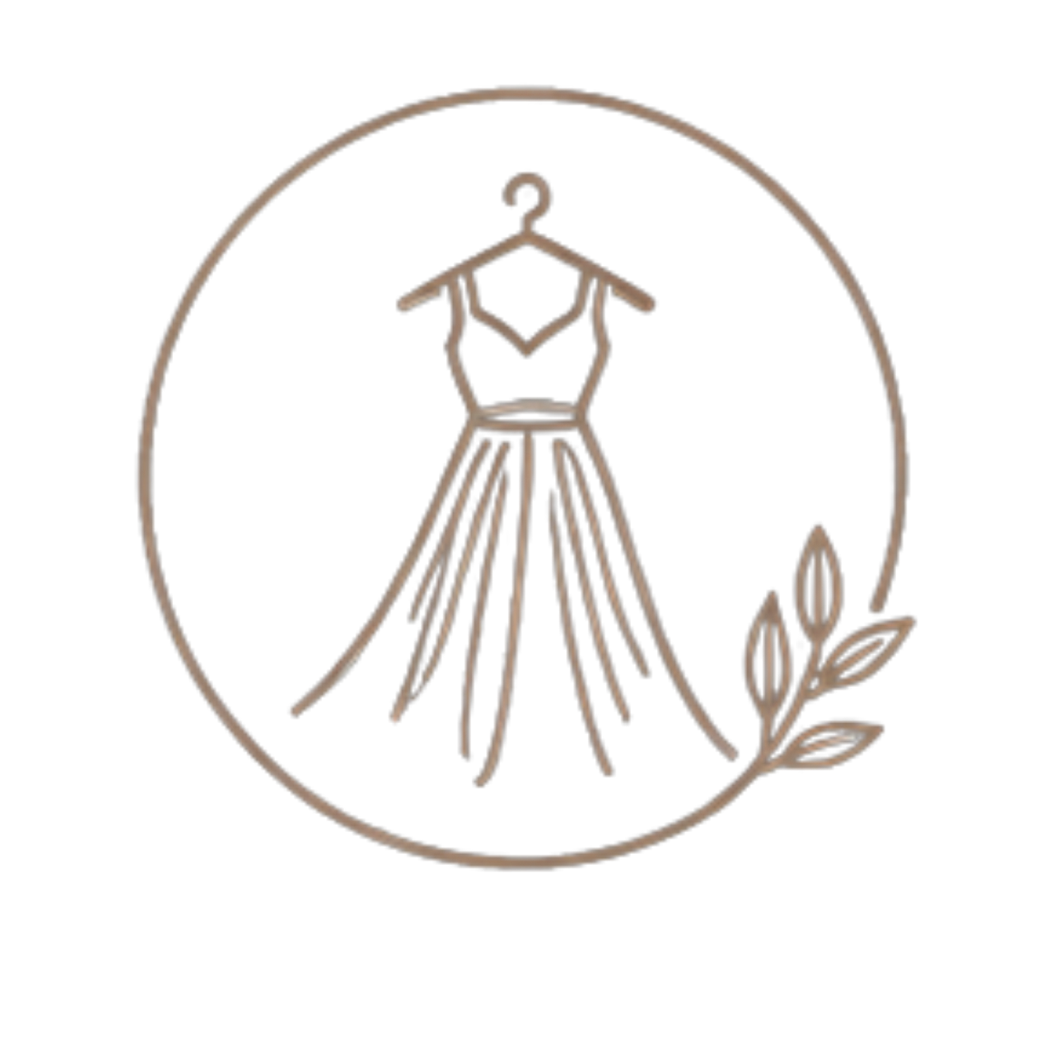 Elegant line art logo of a dress on a hanger with botanical leaves inside a circle, in warm beige tones.