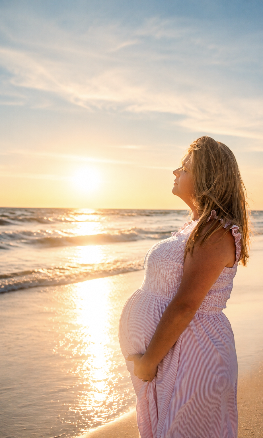Beach maternity photo at sunset on Florida's Gulf Coast