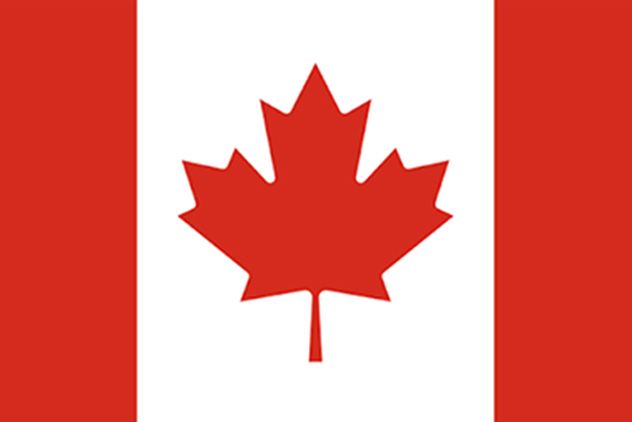 Flag of Canada with red vertical stripes on each side and a central white square bearing a red maple leaf.