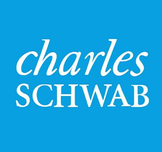 Charles Schwab financial services logo in white script on a bright blue background.