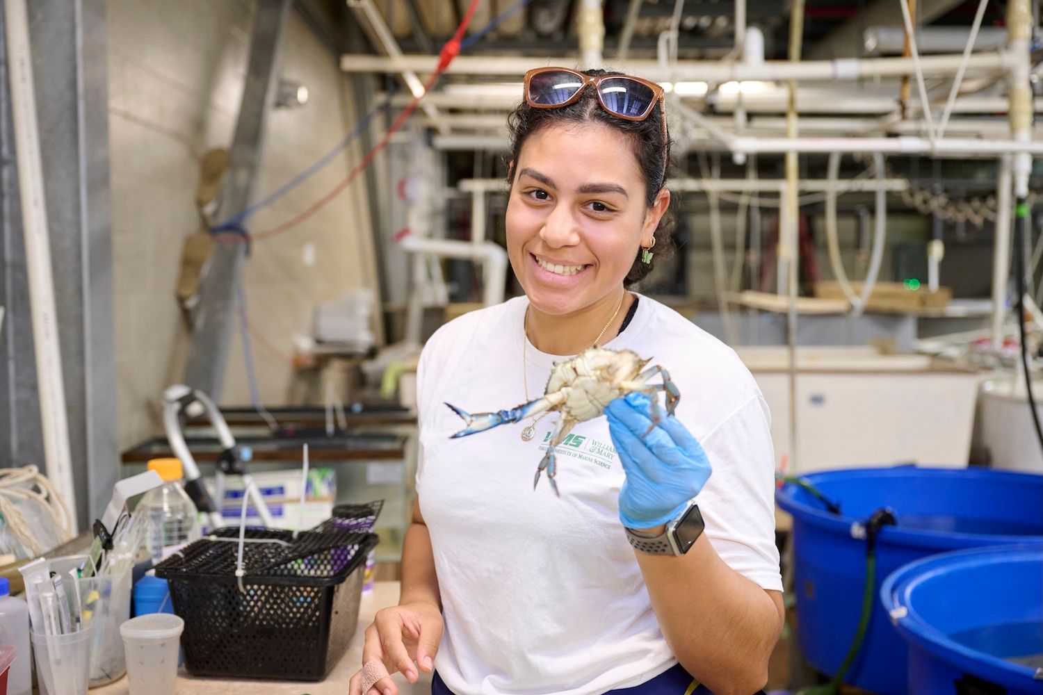 A smiling female researcher holds a crab while working in a marine science lab.