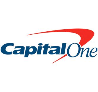 Capital One financial company logo featuring bold blue text with a red swoosh accent on white background.