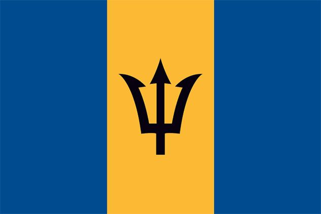 Flag of Barbados featuring two blue vertical stripes flanking a golden yellow center stripe with a black trident emblem.