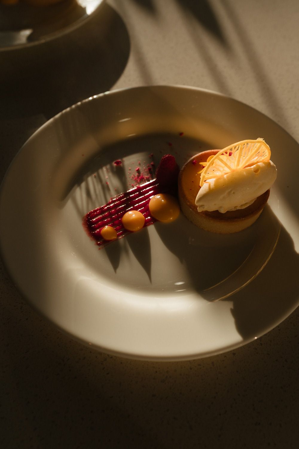 Elegant plated dessert with cream tart, raspberry sauce, and gold pearls on a white plate in dramatic lighting.
