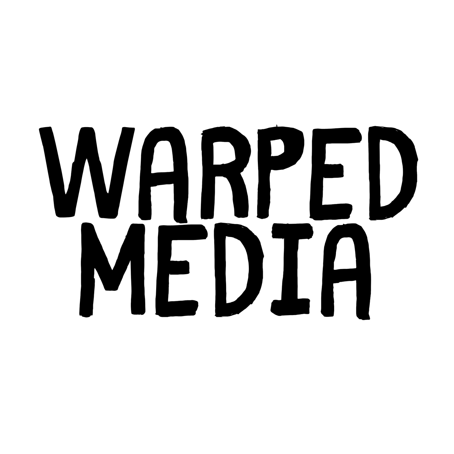 Black and white hand-drawn style logo for Warped Media, featuring bold block letters on a white background.