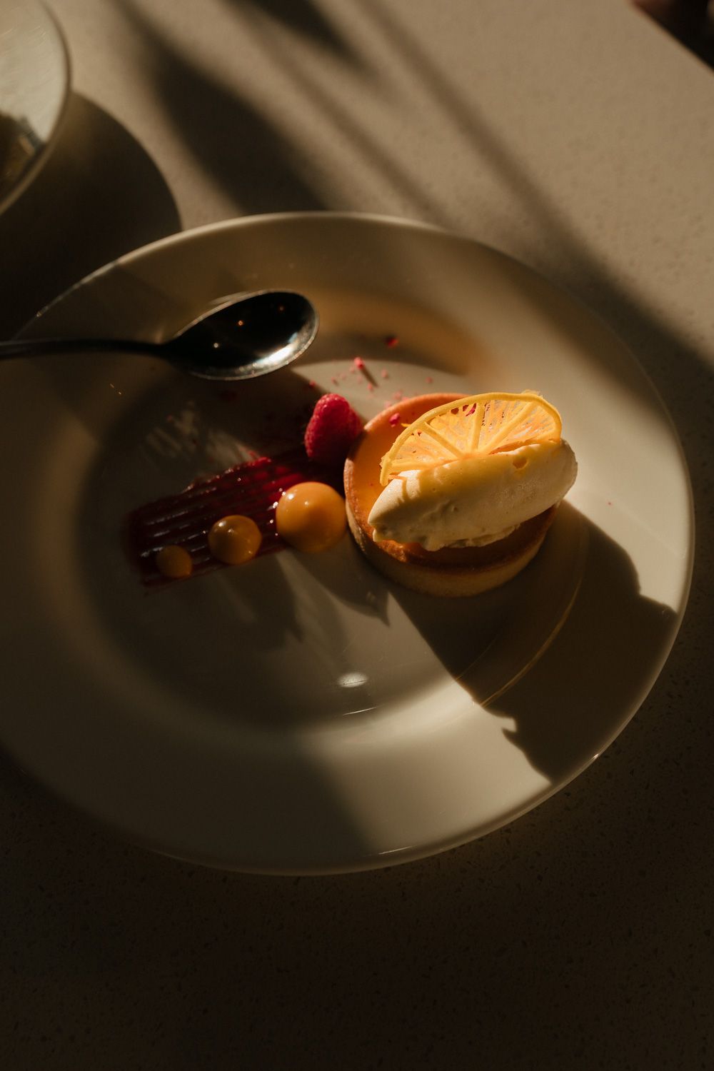 Fine dining dessert plate with citrus sorbet, raspberry sauce, and fruit garnish beside a spoon in warm light.