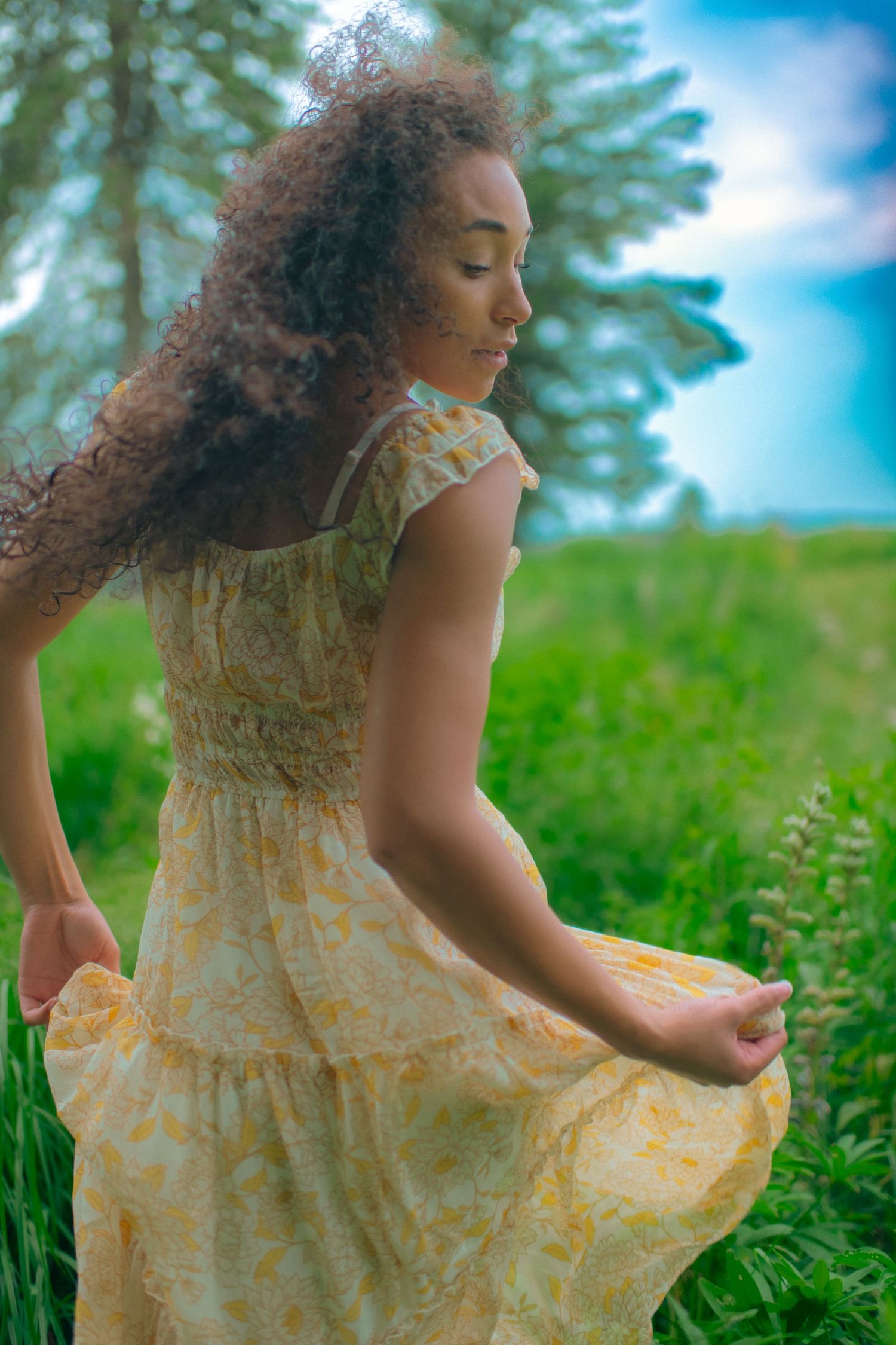 Flowing yellow dress twirls in a sunlit meadow with evergreen trees in the background.