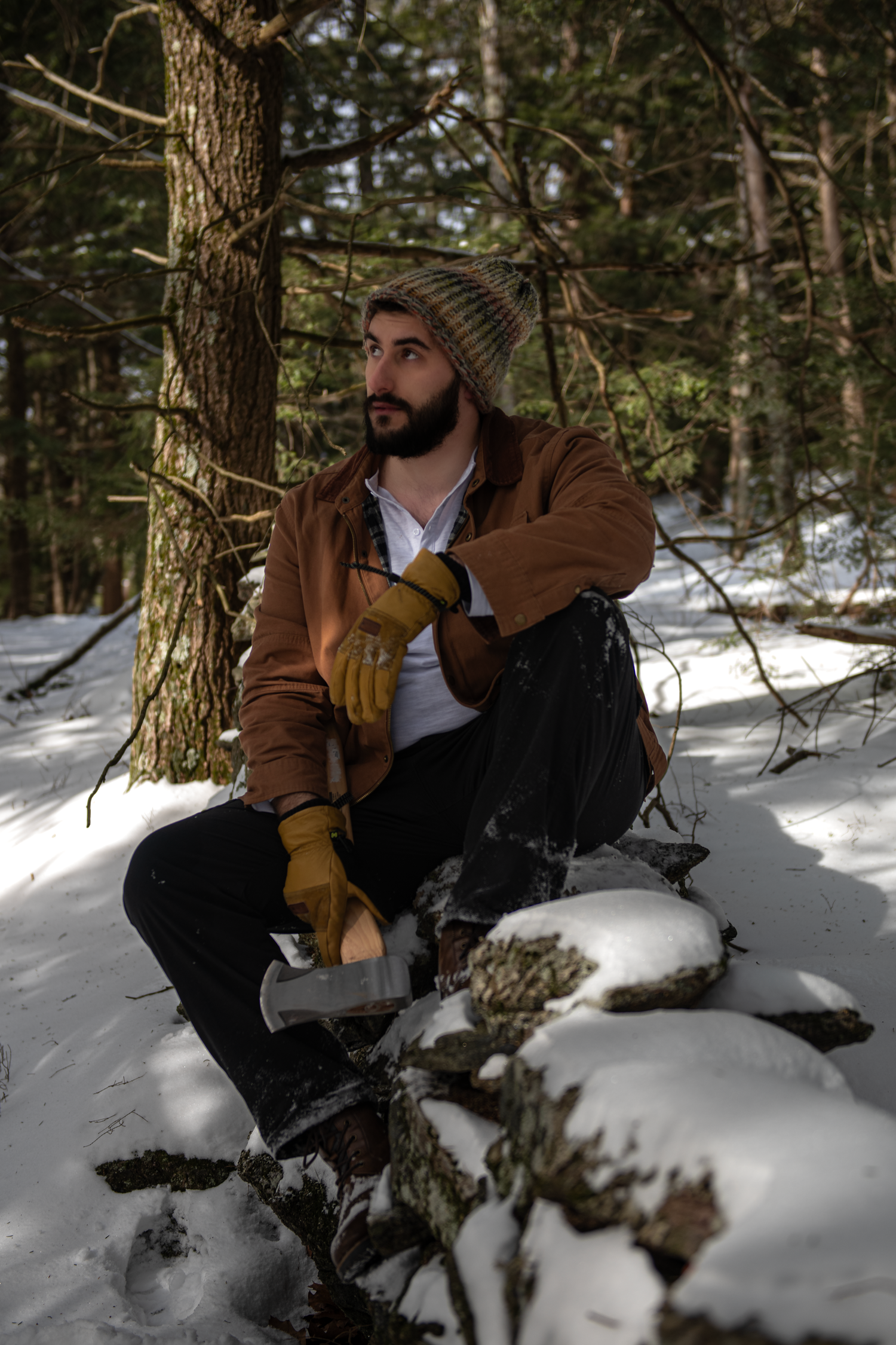 A person in a knit beanie and brown jacket sits on a snowy log in a wintry forest setting.