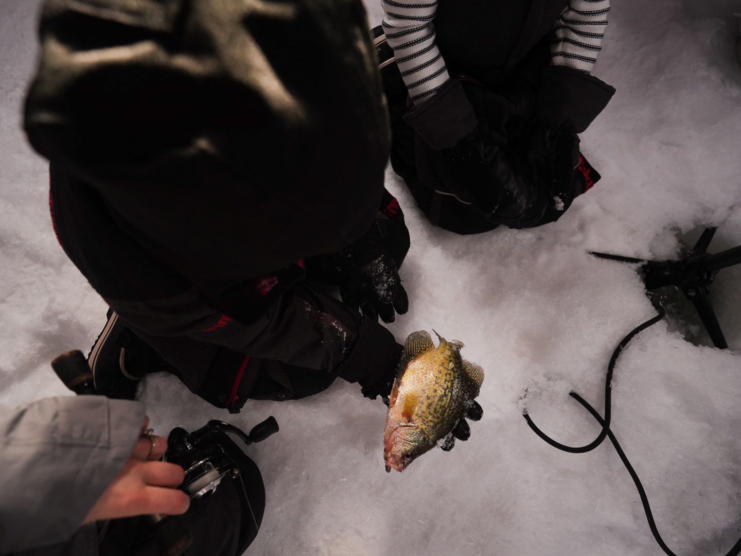 Close-up view of ice fishing equipment and gear on snowy surface.