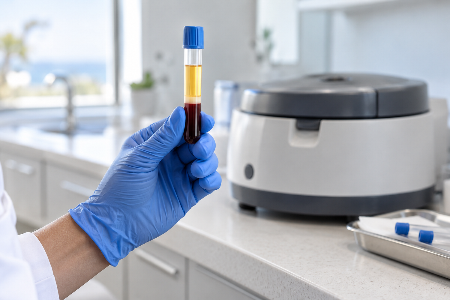 Gloved hand holding a blood collection tube with separated serum layers beside a laboratory centrifuge on a clean lab counter.