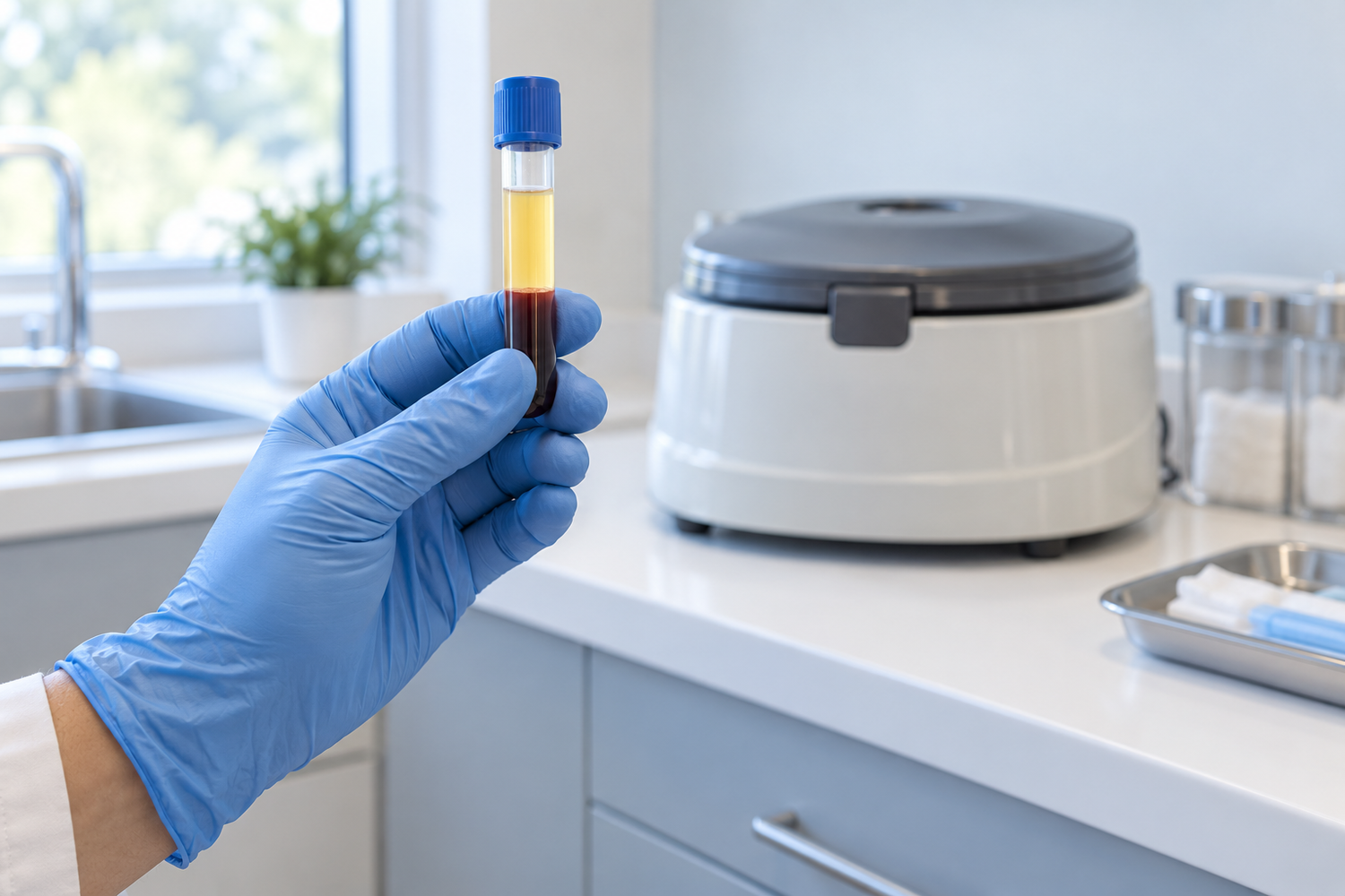 Gloved hand holding a blood sample tube with separated plasma and red cells beside a centrifuge on a bright laboratory counter.