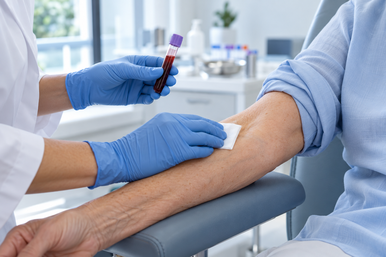 Healthcare worker in blue gloves holding a blood collection tube while preparing a patient's arm for a blood draw in a clinic.