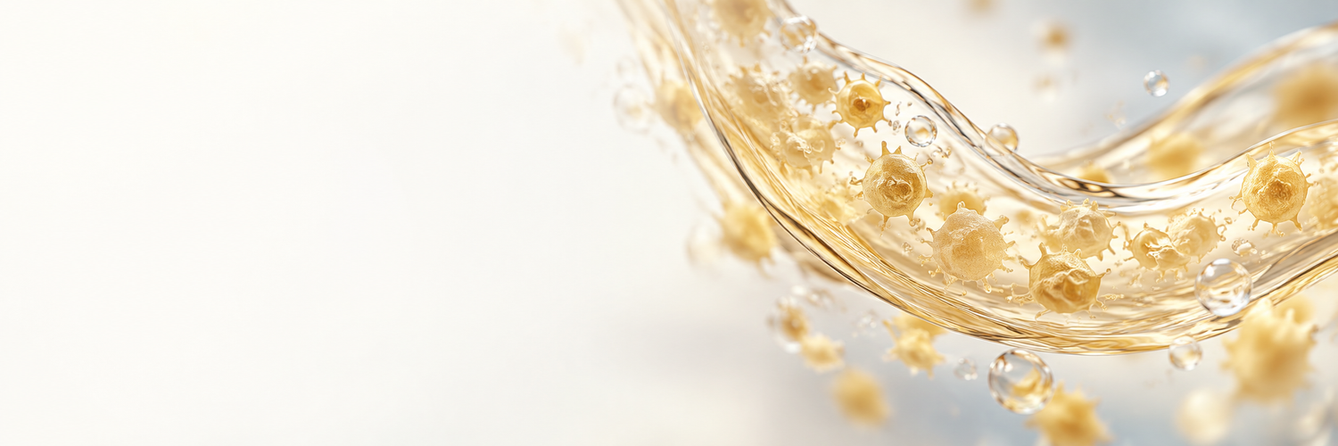 Golden liquid splash with floating bubbles and droplets swirling against a soft white background, ideal for skincare serum or oil concepts.